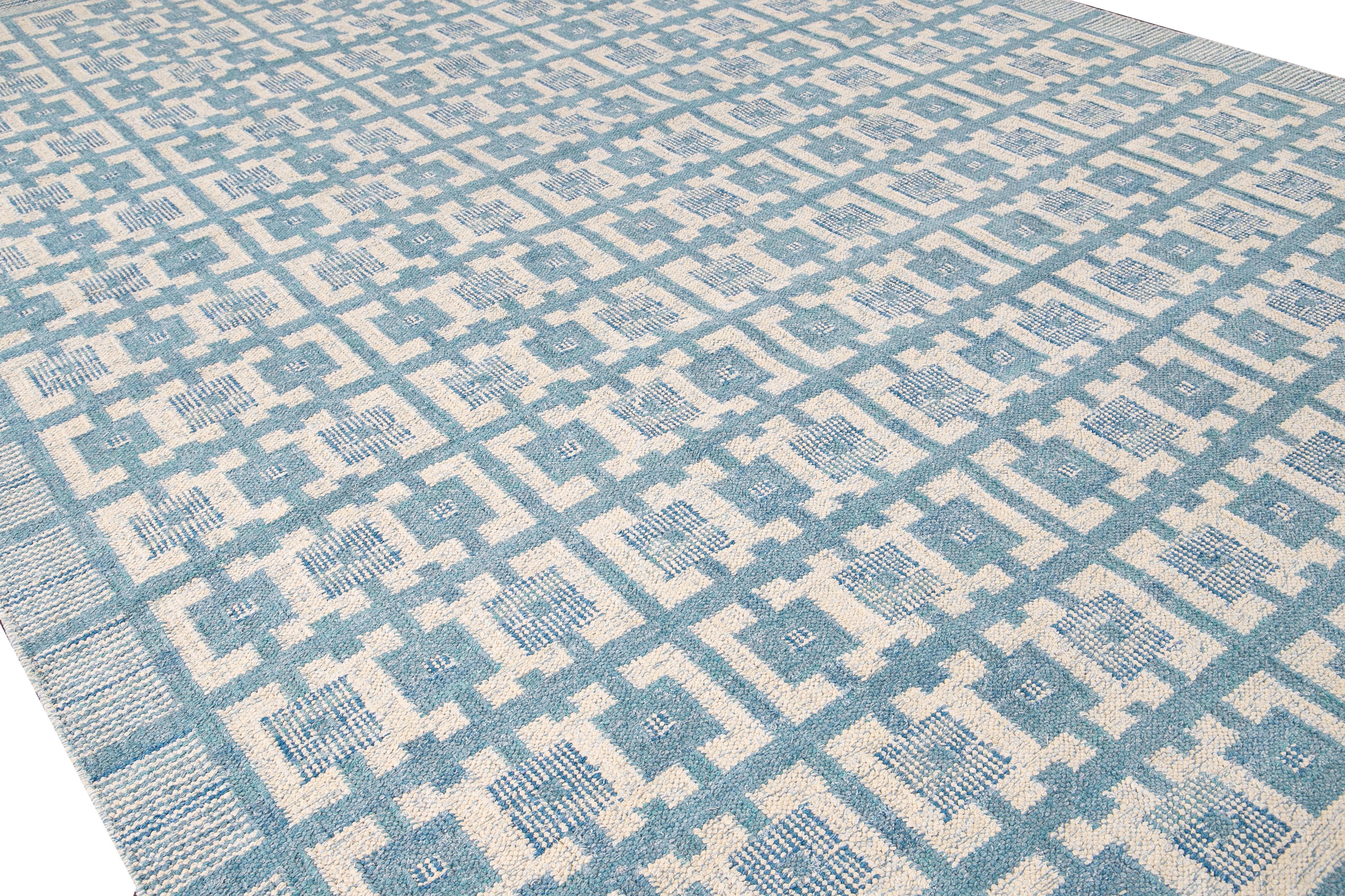 Contemporary Modern Swedish Style Handmade Geometric Pattern Blue and Ivory Wool Rug For Sale