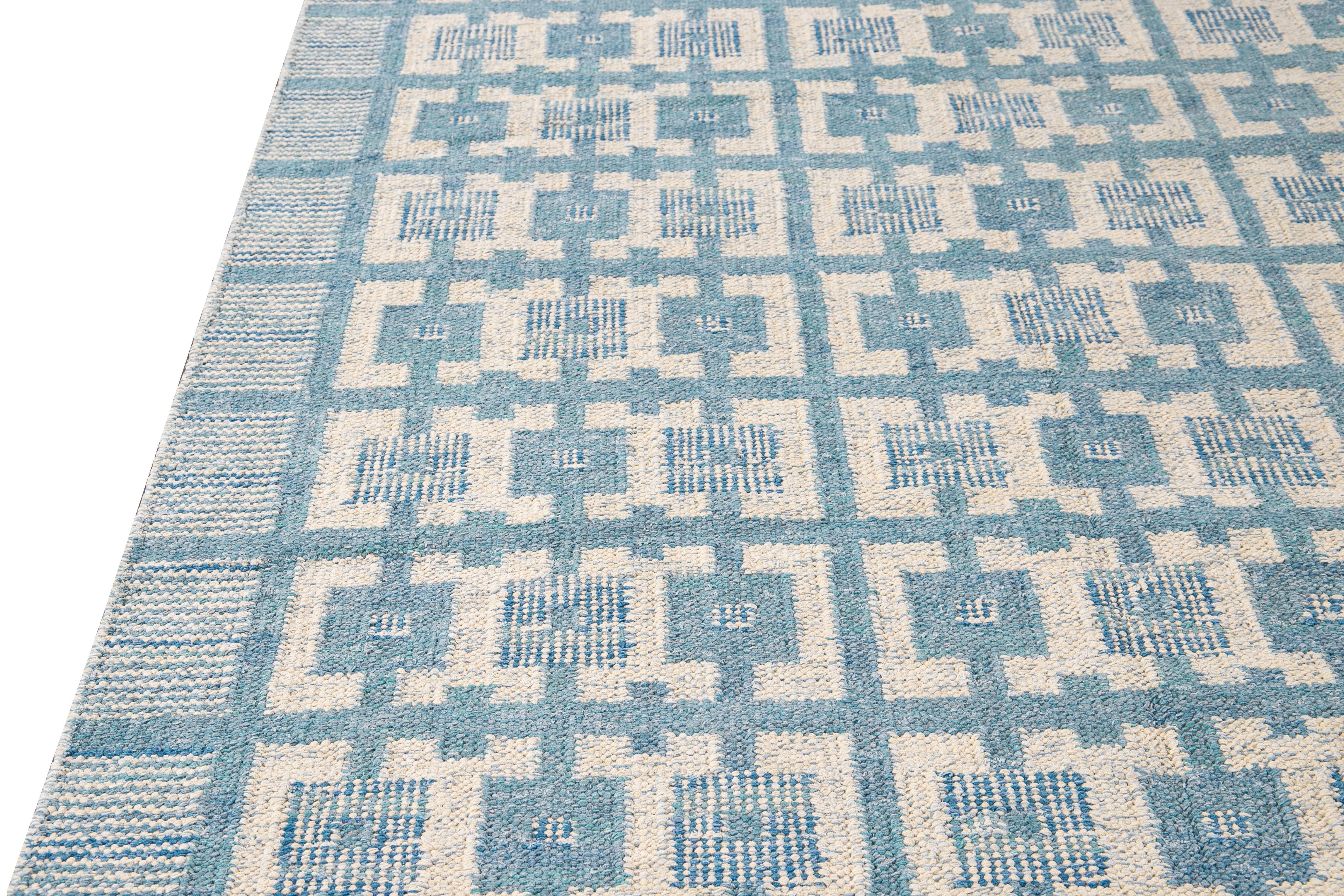 Modern Swedish Style Handmade Geometric Pattern Blue and Ivory Wool Rug For Sale 1