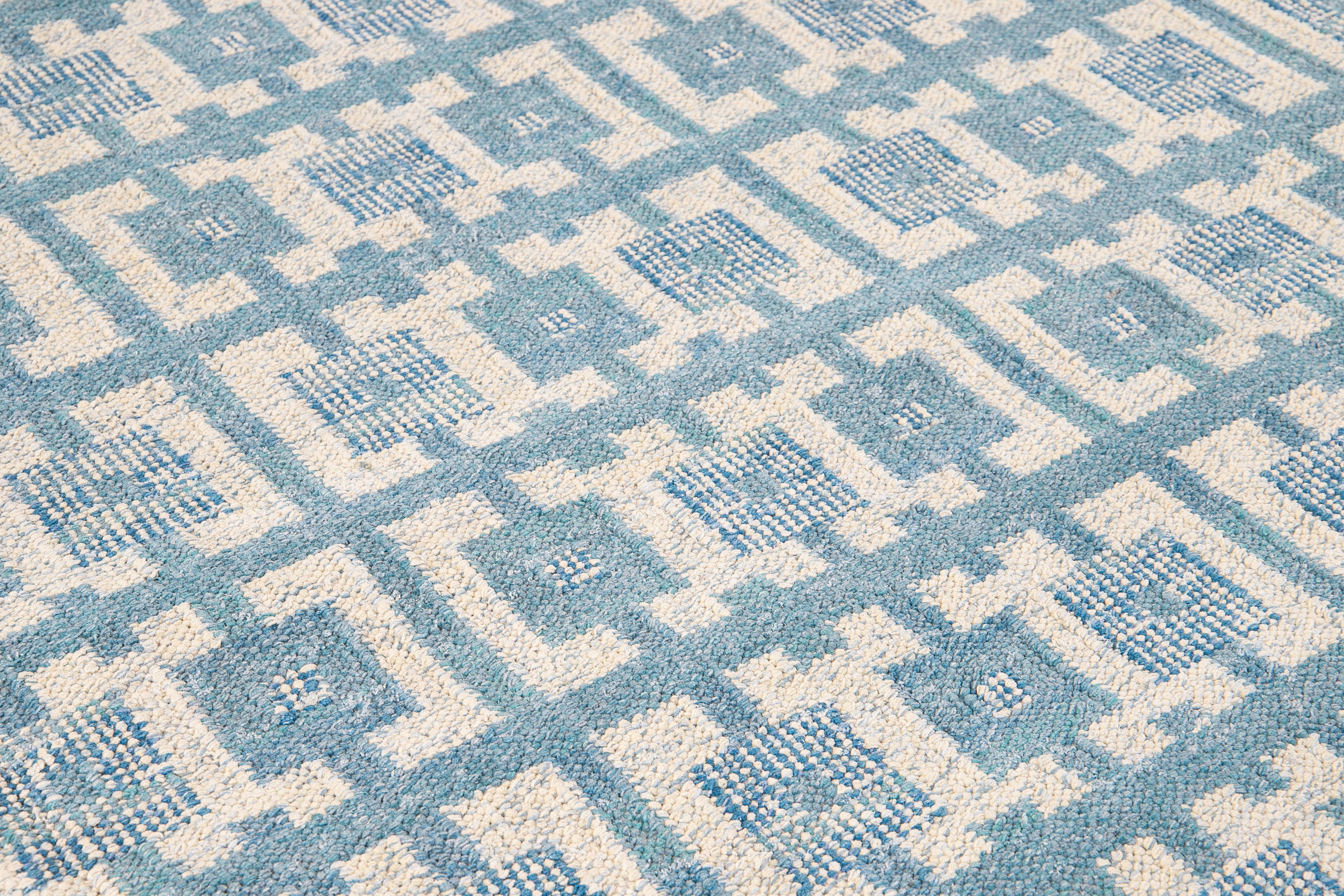 Modern Swedish Style Handmade Geometric Pattern Blue and Ivory Wool Rug For Sale 2