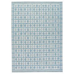 Modern Swedish Style Handmade Geometric Pattern Blue and Ivory Wool Rug