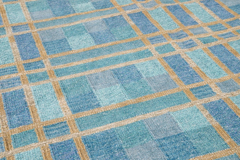 Modern Swedish Style Handmade Geometric Pattern Blue and Yellow Wool Rug For Sale 3