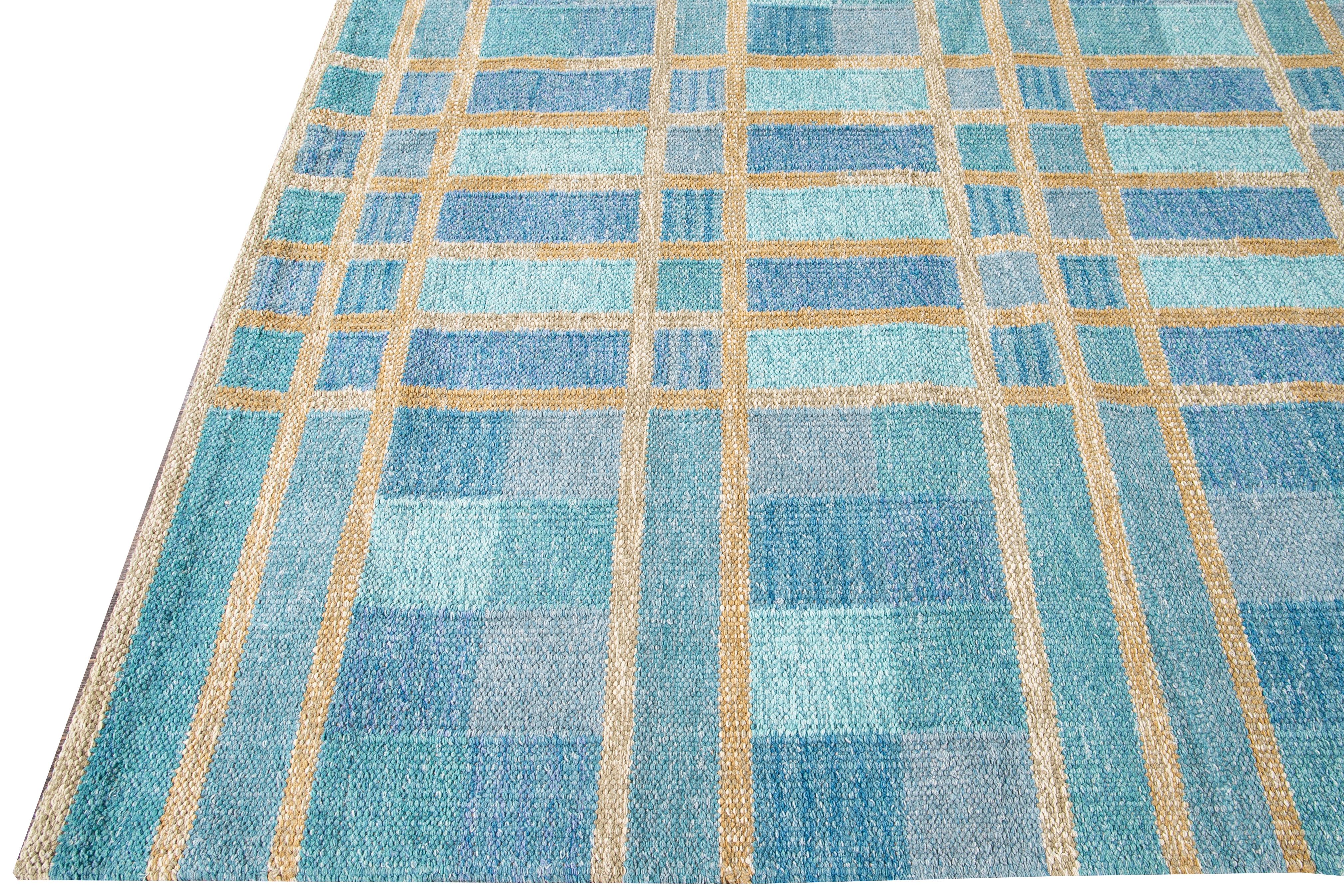 Indian Modern Swedish Style Handmade Geometric Pattern Blue and Yellow Wool Rug For Sale