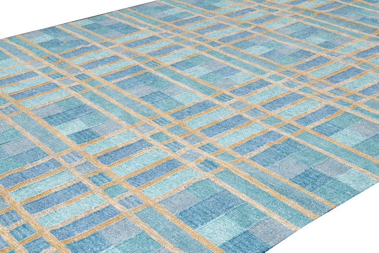 Hand-Knotted Modern Swedish Style Handmade Geometric Pattern Blue and Yellow Wool Rug For Sale