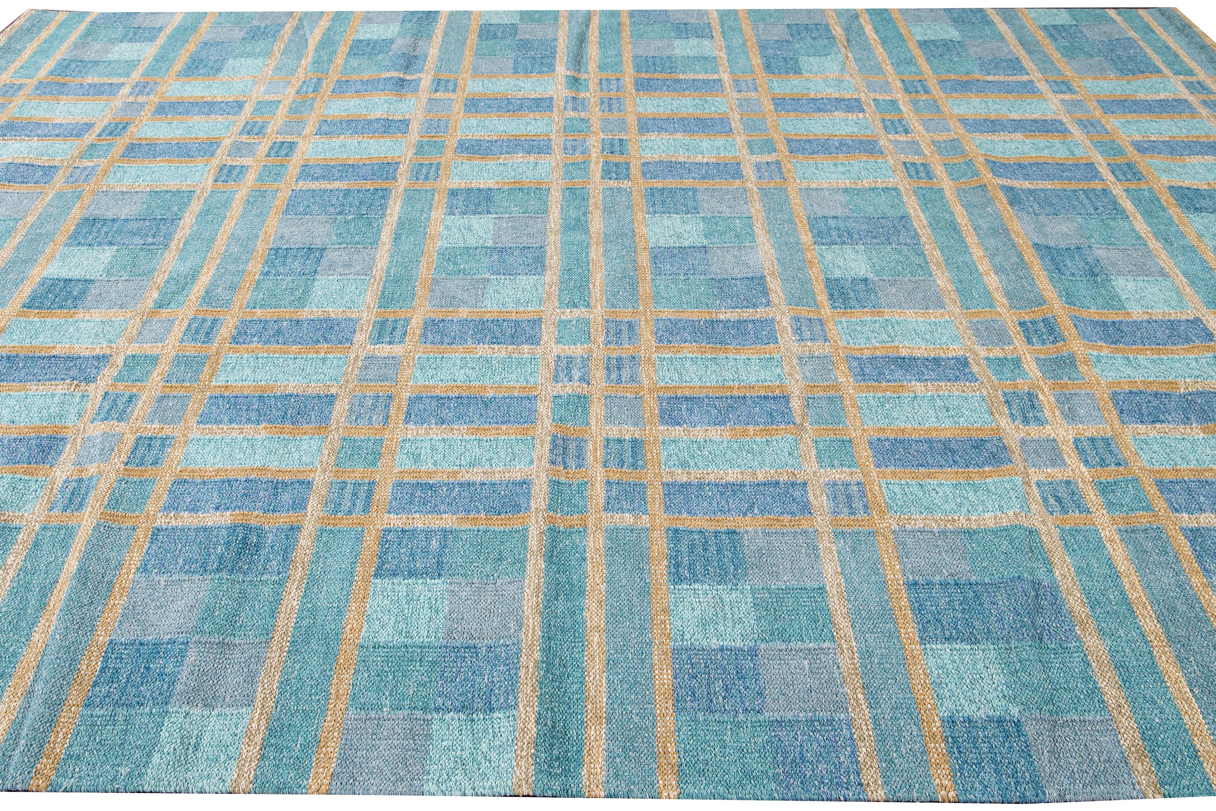 Modern Swedish Style Handmade Geometric Pattern Blue and Yellow Wool Rug In New Condition For Sale In Norwalk, CT