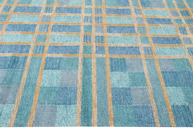 Modern Swedish Style Handmade Geometric Pattern Blue and Yellow Wool