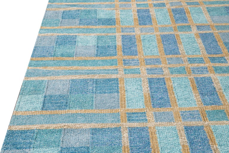 Modern Swedish Style Handmade Geometric Pattern Blue and Yellow Wool Rug For Sale 2