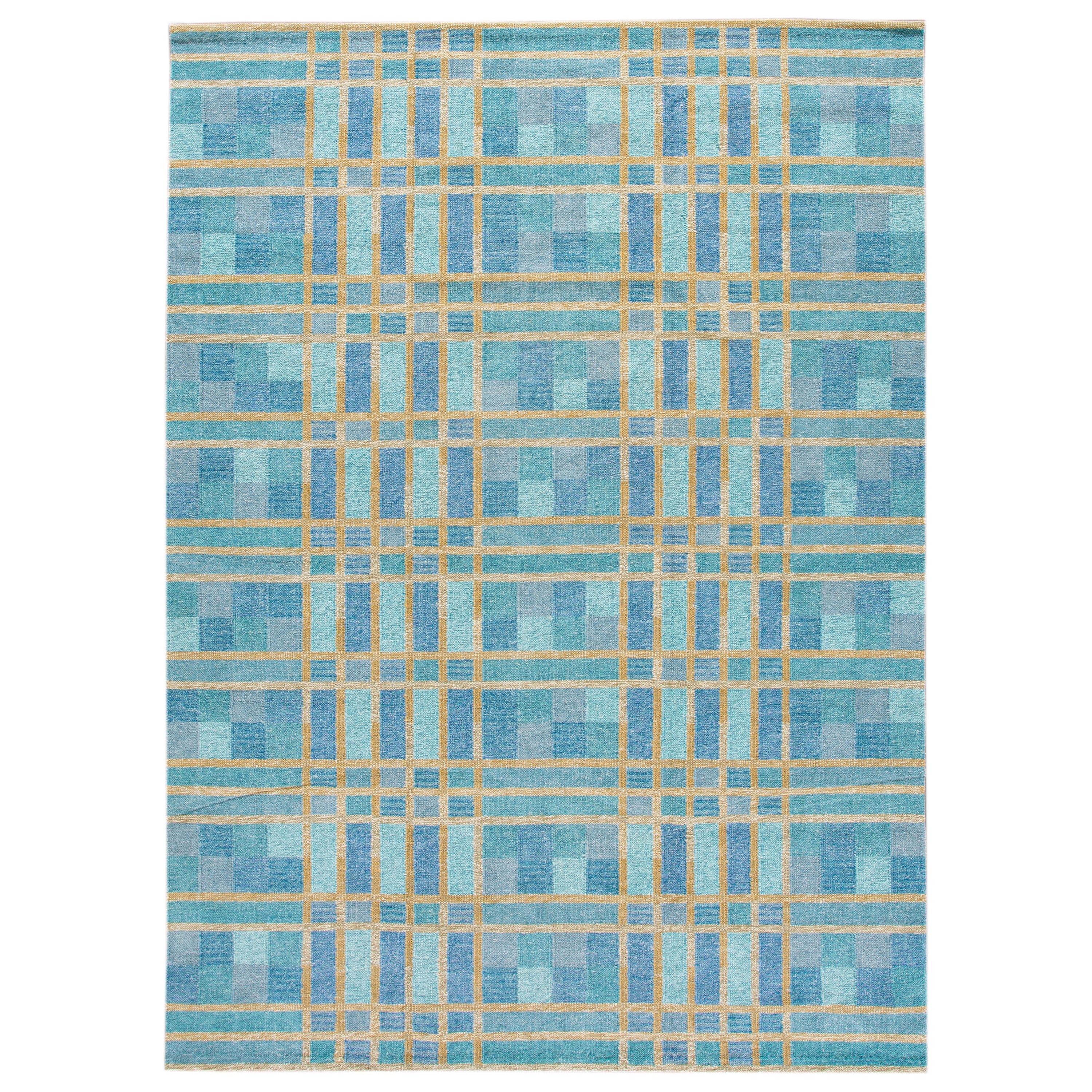 Modern Swedish Style Handmade Geometric Pattern Blue and Yellow Wool Rug For Sale