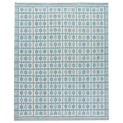 Modern Swedish Style Handmade Geometric Pattern Oversize Blue and Ivory Wool Rug