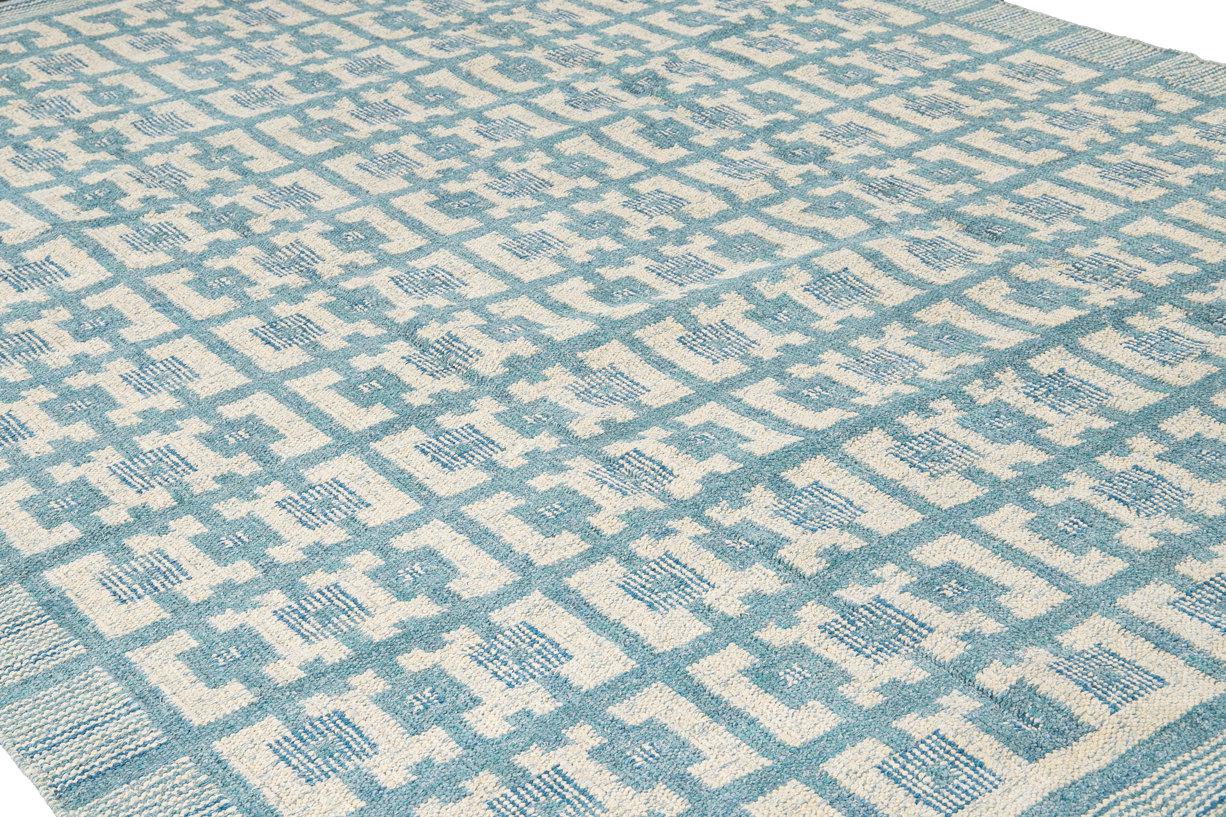 Modern Swedish Style Handmade Geometric Pattern Room size Blue Wool Rug For Sale 2