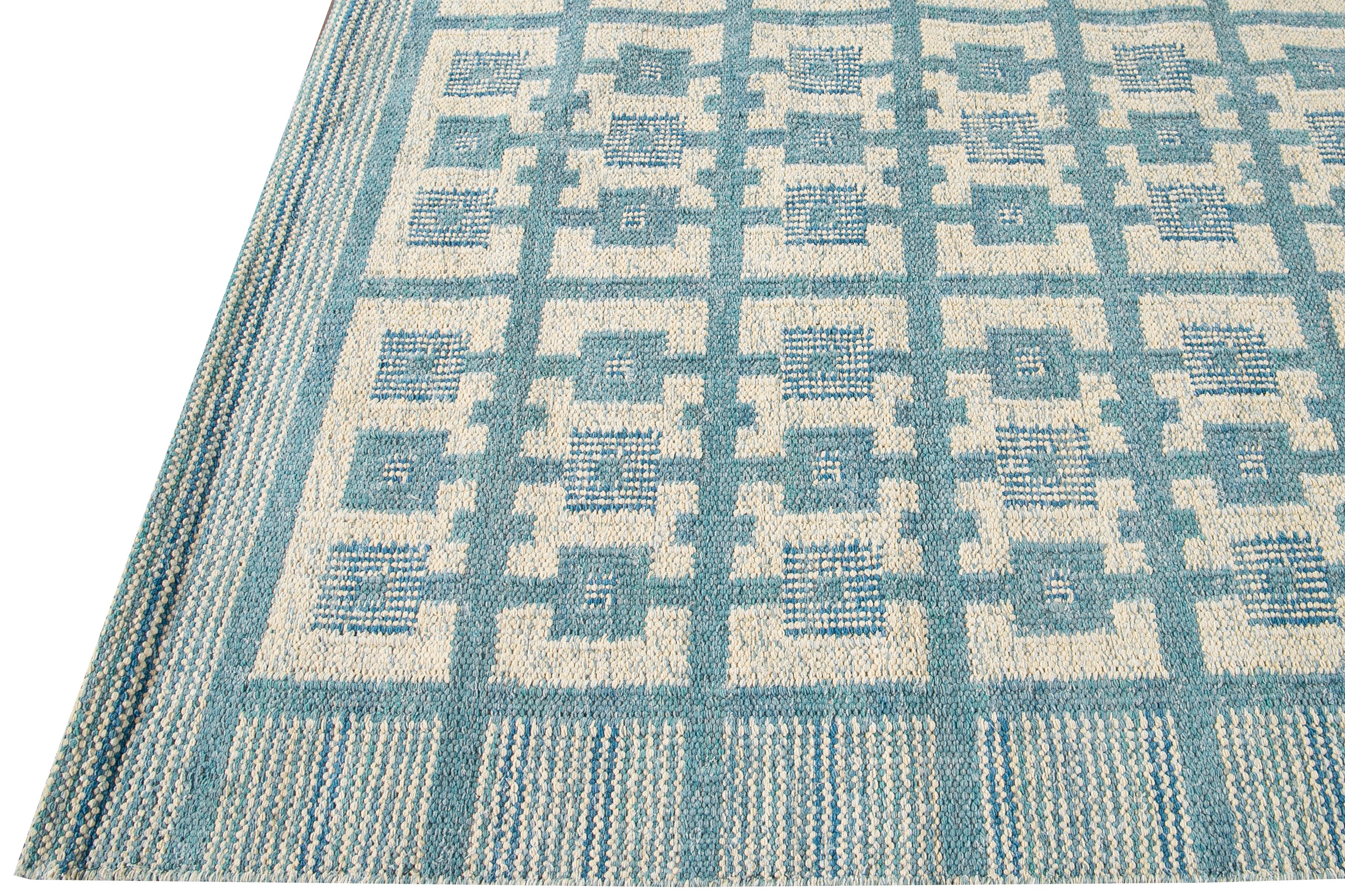 Scandinavian Modern Modern Swedish Style Handmade Geometric Pattern Room size Blue Wool Rug For Sale