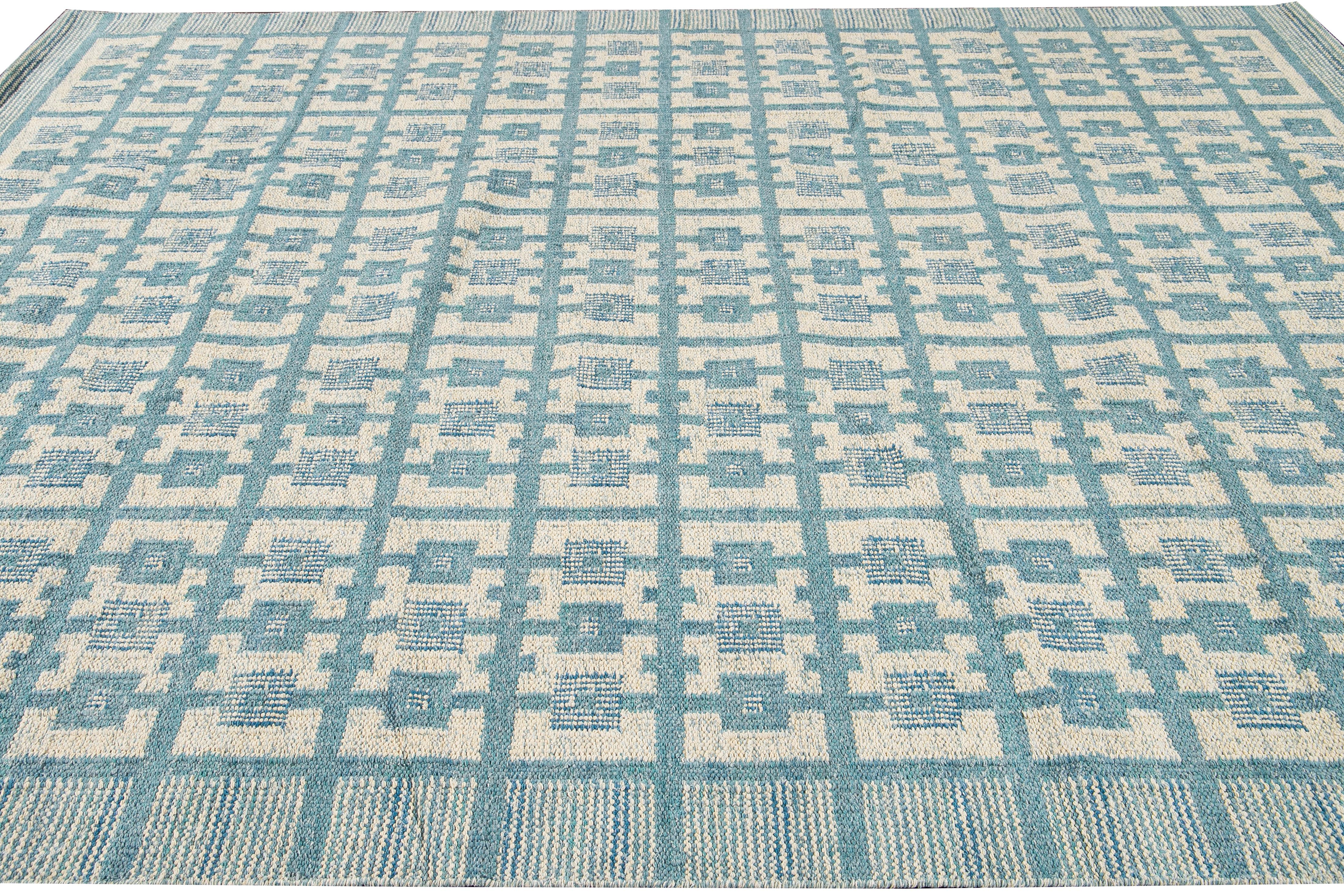 Hand-Knotted Modern Swedish Style Handmade Geometric Pattern Room size Blue Wool Rug For Sale