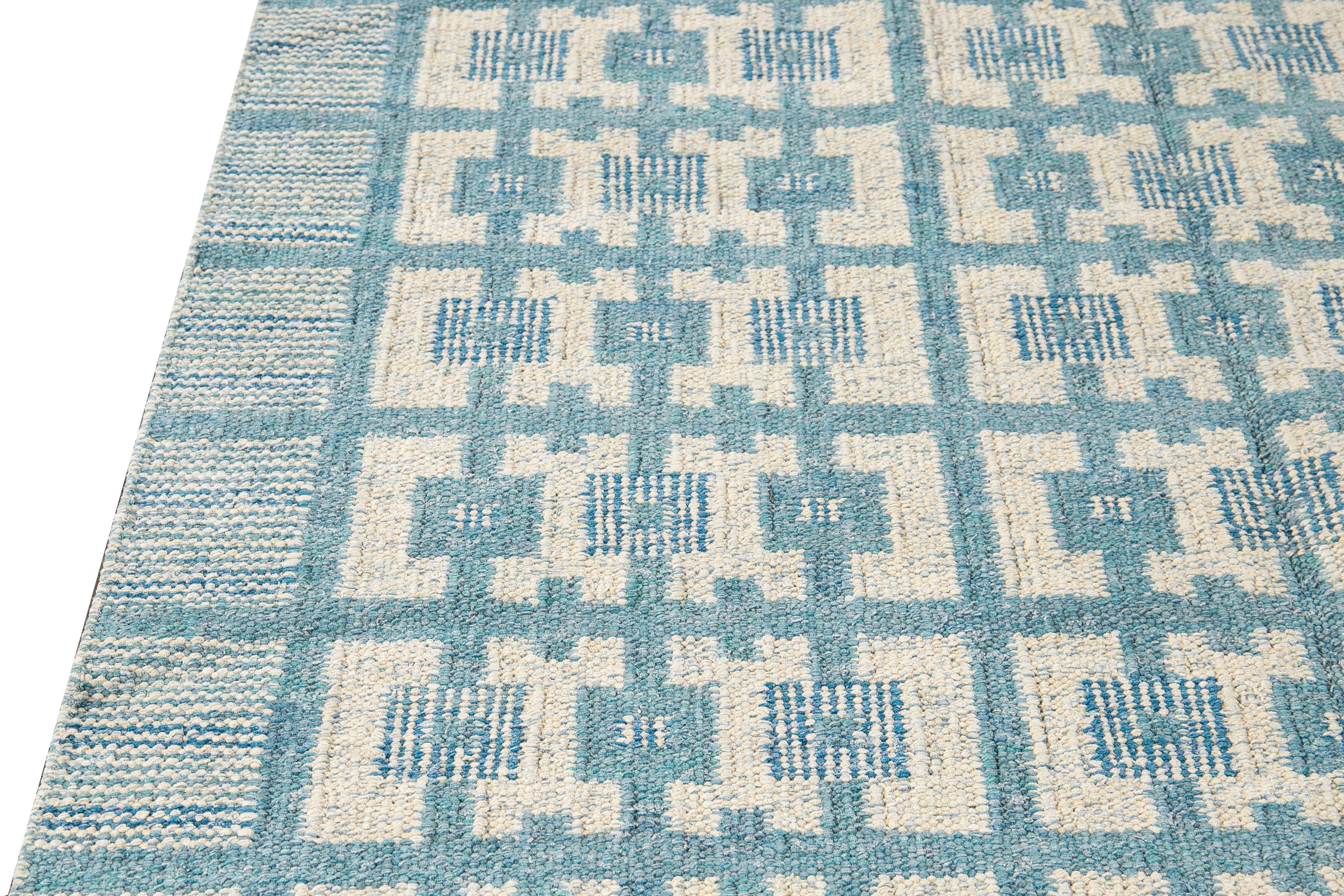 Contemporary Modern Swedish Style Handmade Geometric Pattern Room size Blue Wool Rug For Sale