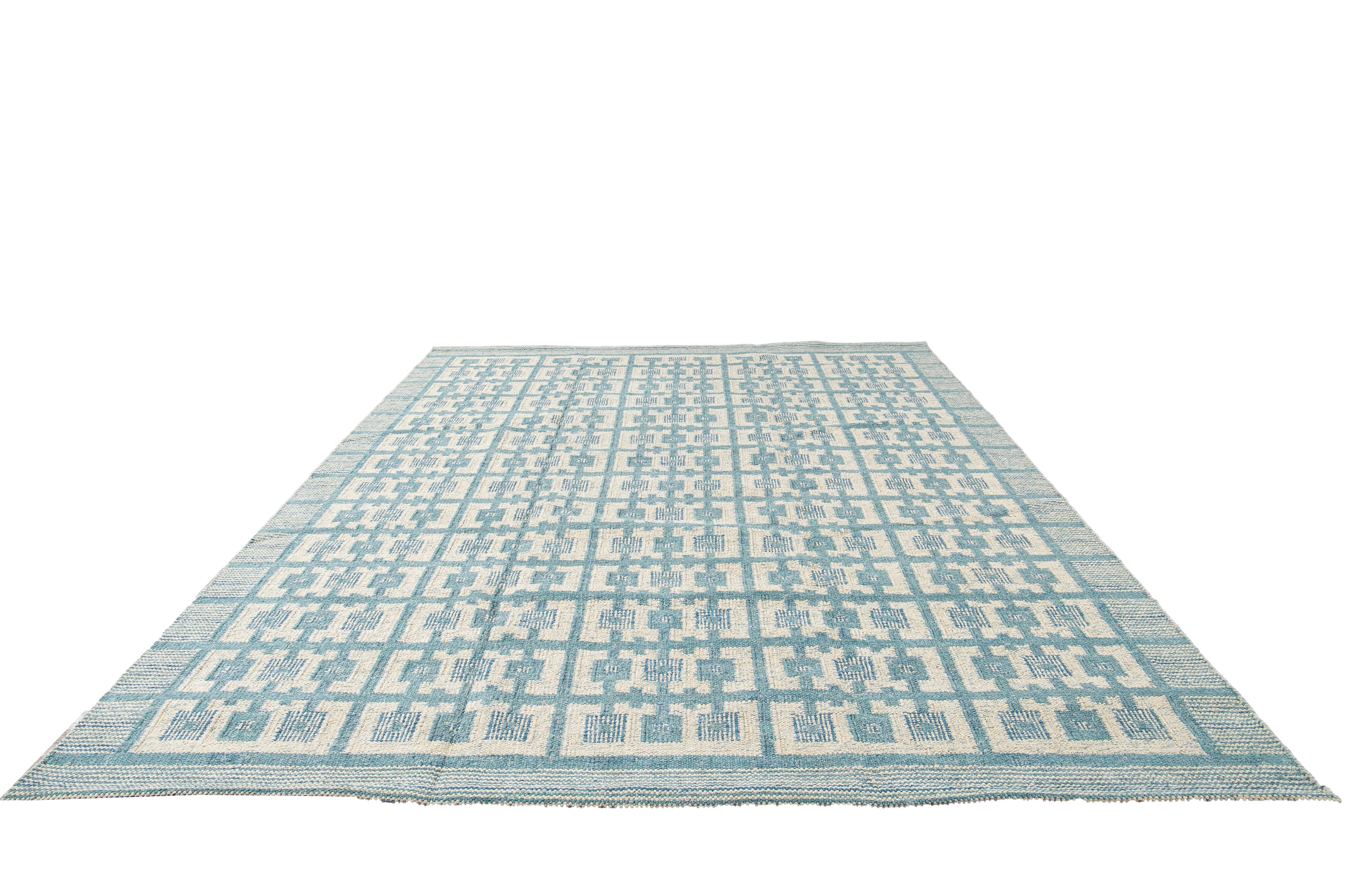 Modern Swedish Style Handmade Geometric Pattern Room size Blue Wool Rug For Sale 1