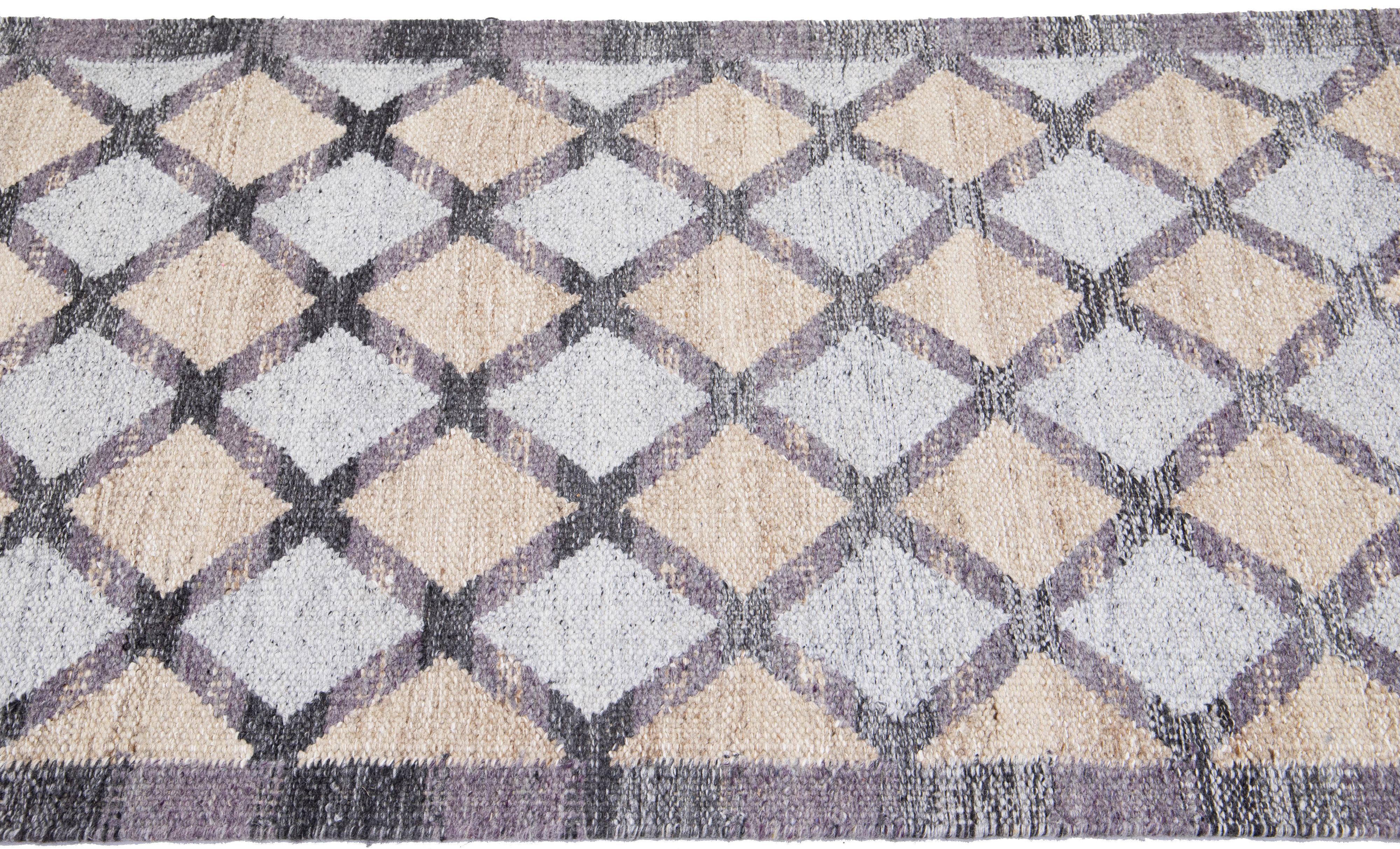 Hand-Knotted Modern Swedish Style Handmade Gray and Beige Geometric Designed Wool Runner For Sale