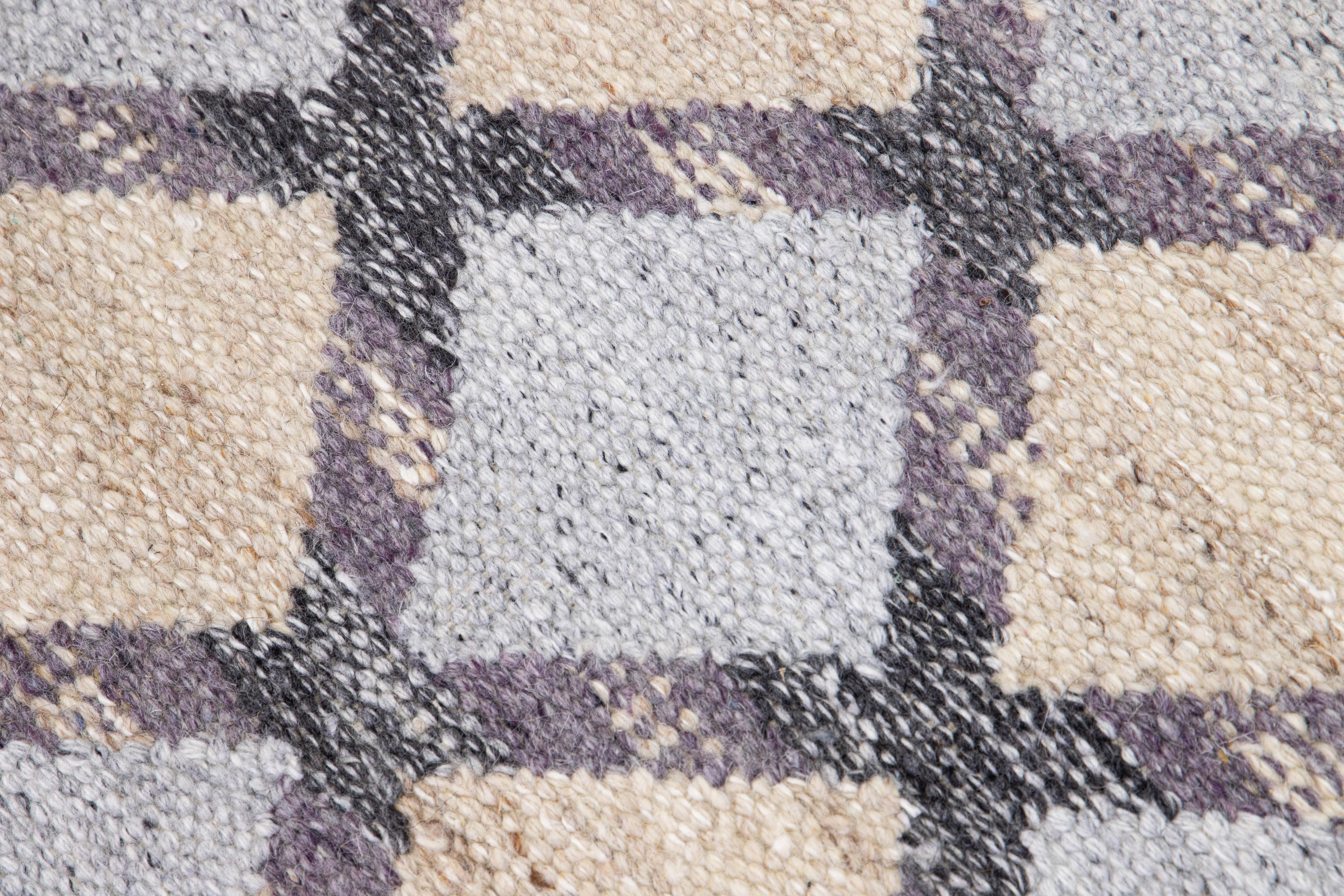 Contemporary Modern Swedish Style Handmade Gray Geometric Pattern Wool Runner For Sale