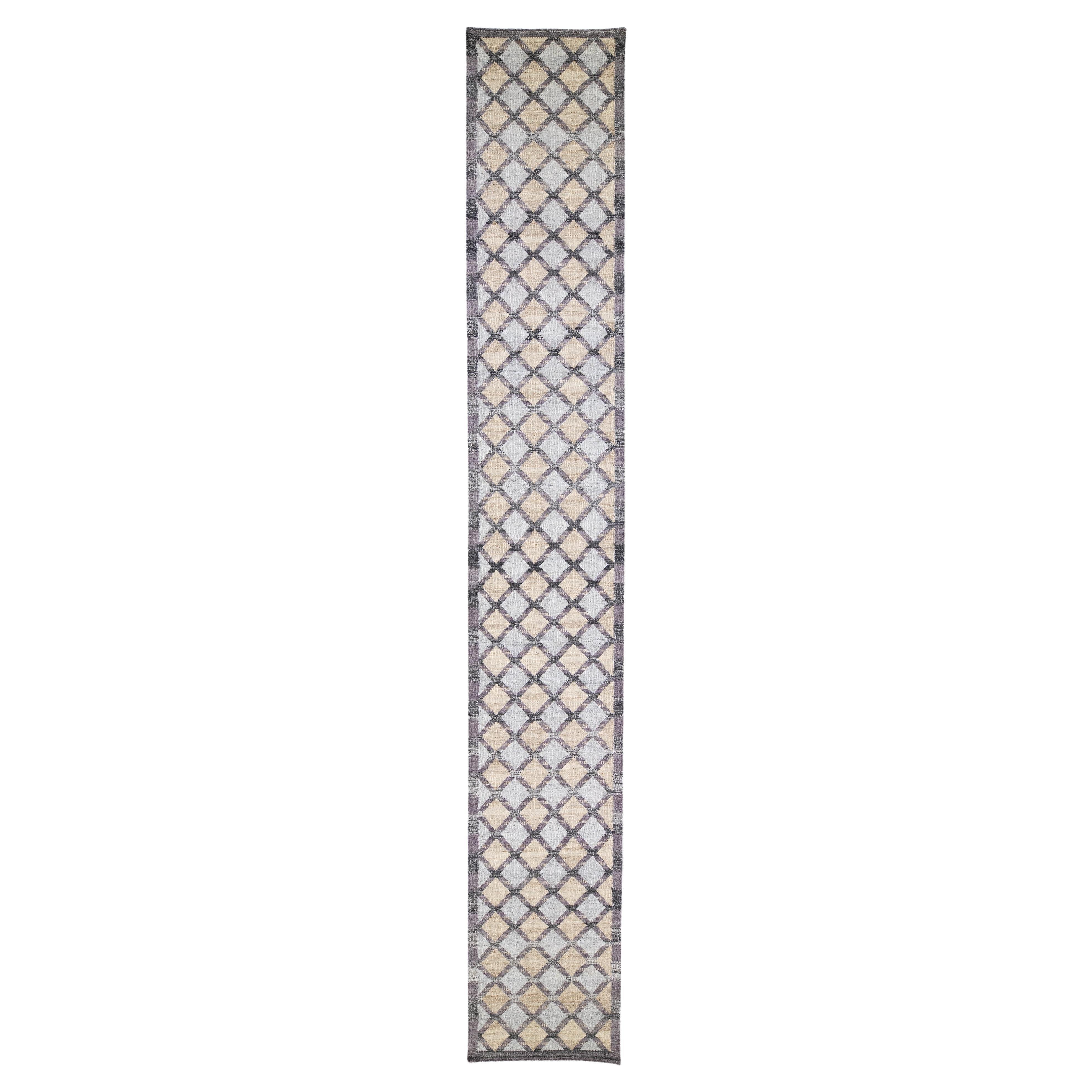 Tapis de couloir en laine gris à motif géométrique de style suédois moderne fait à la main