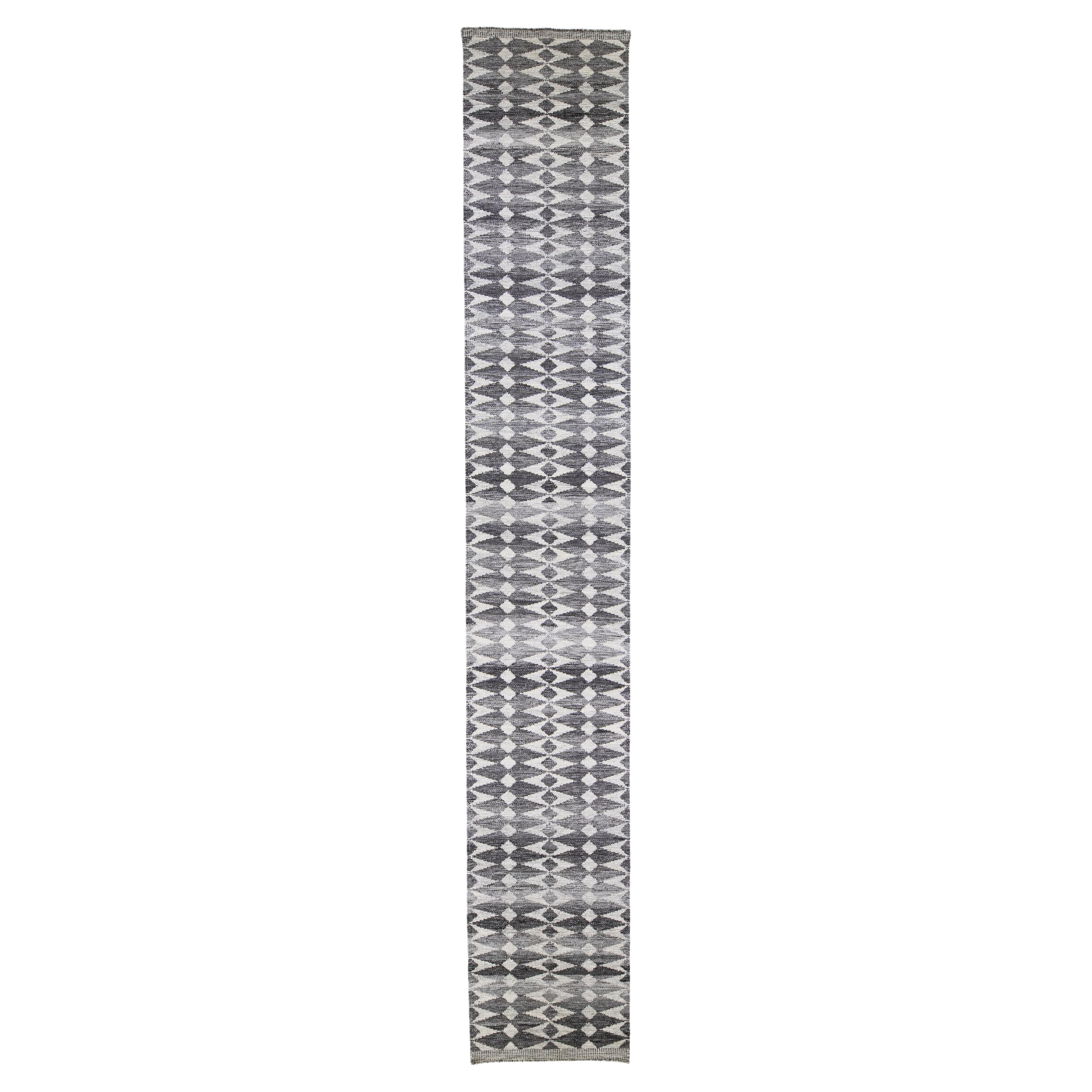 Modern Swedish Style Handmade Gray Wool Runner With Abstract Design For Sale