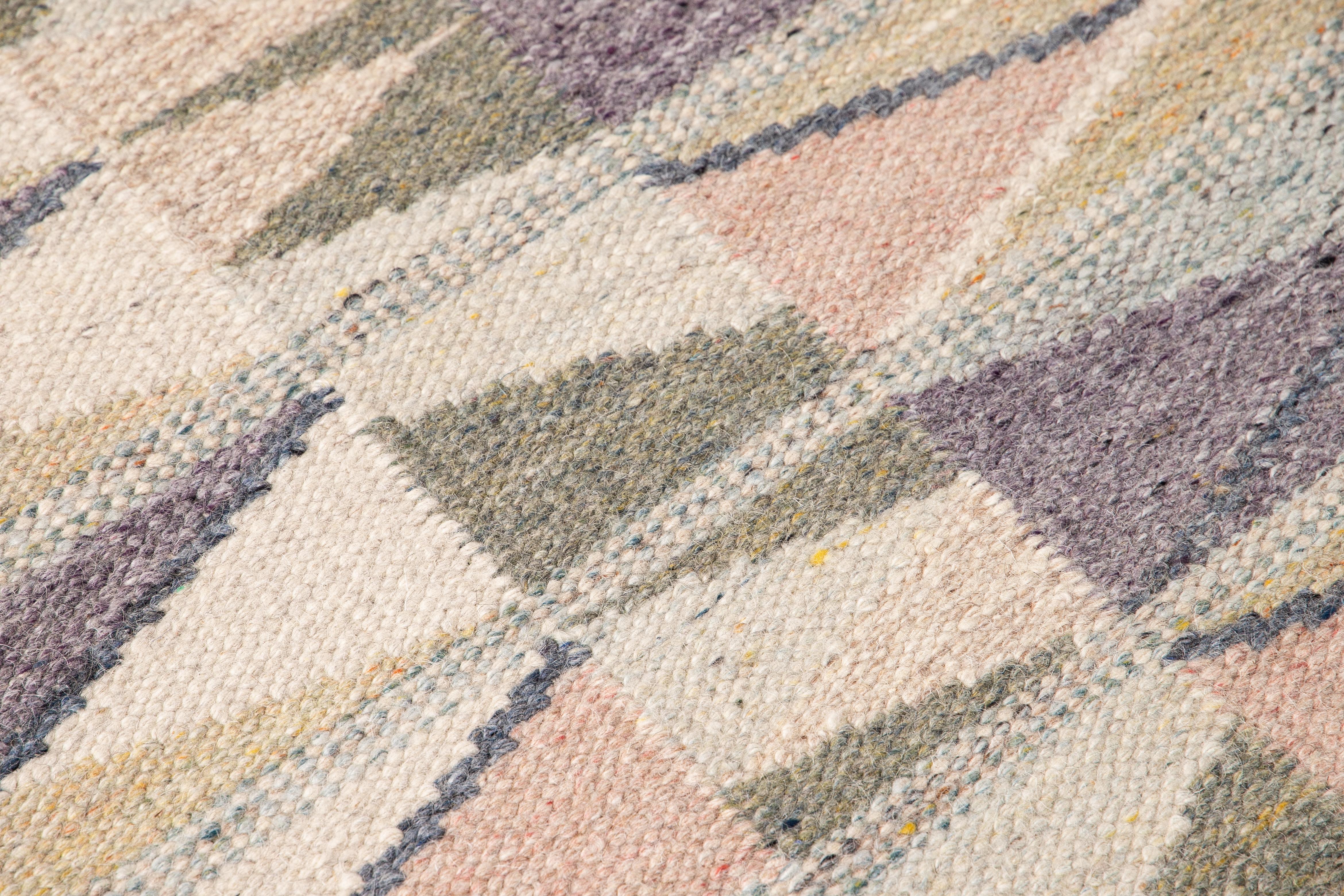 Modern Swedish Style Handmade Multicolor Geometric Abstract Wool Runner For Sale 3
