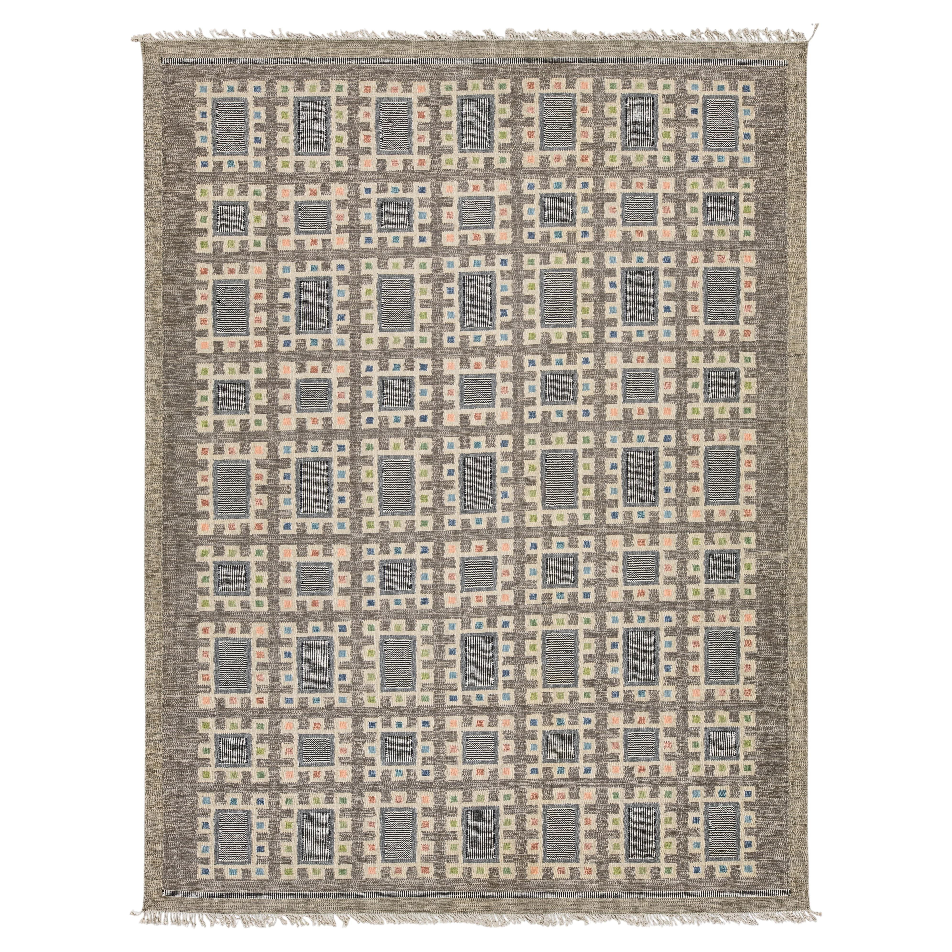 Modern Swedish Style Handmade Wool Rug with Grid Motif and Colorful Accents