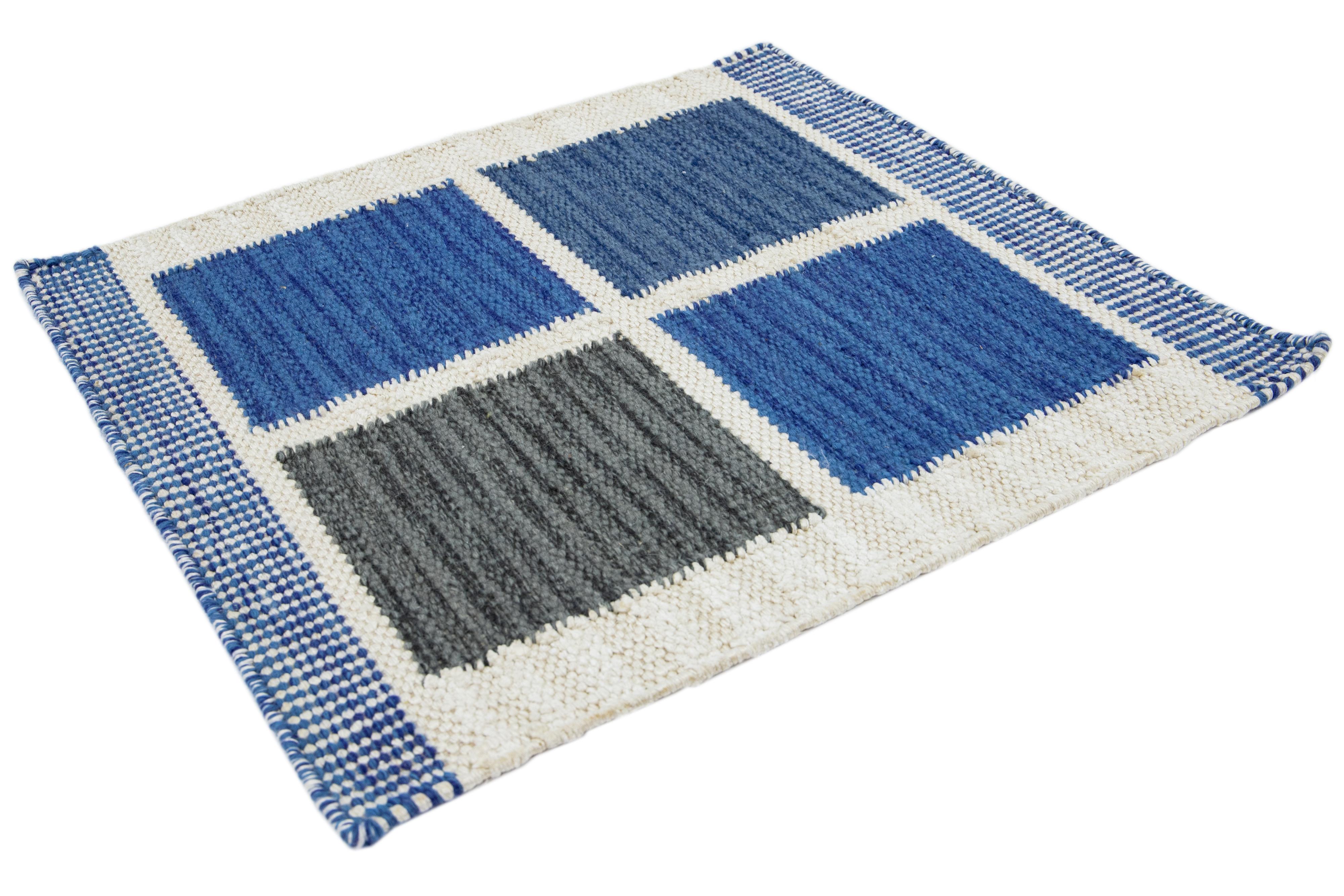 Indian Modern Swedish Style Handwoven Blue Geometric Custom Wool Rug For Sale