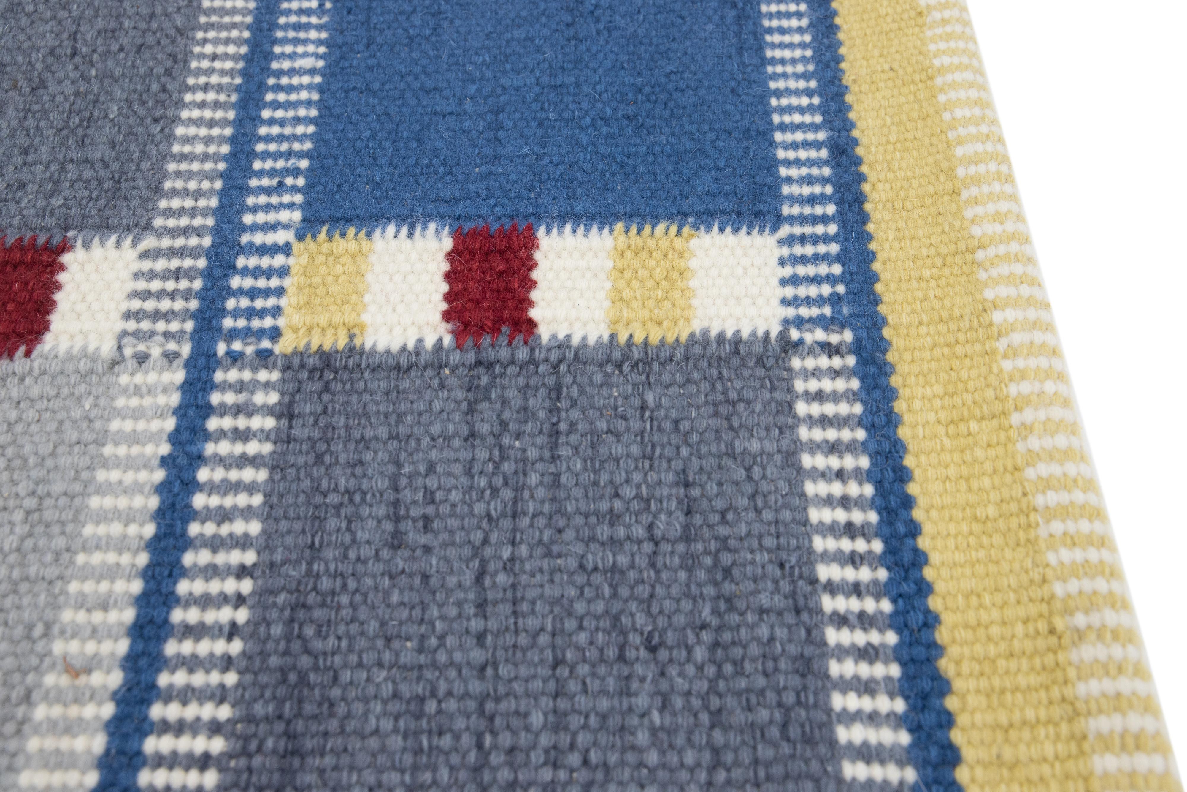 Organic Modern Modern Swedish Style Handwoven Blue/Grey Custom Wool Rug For Sale