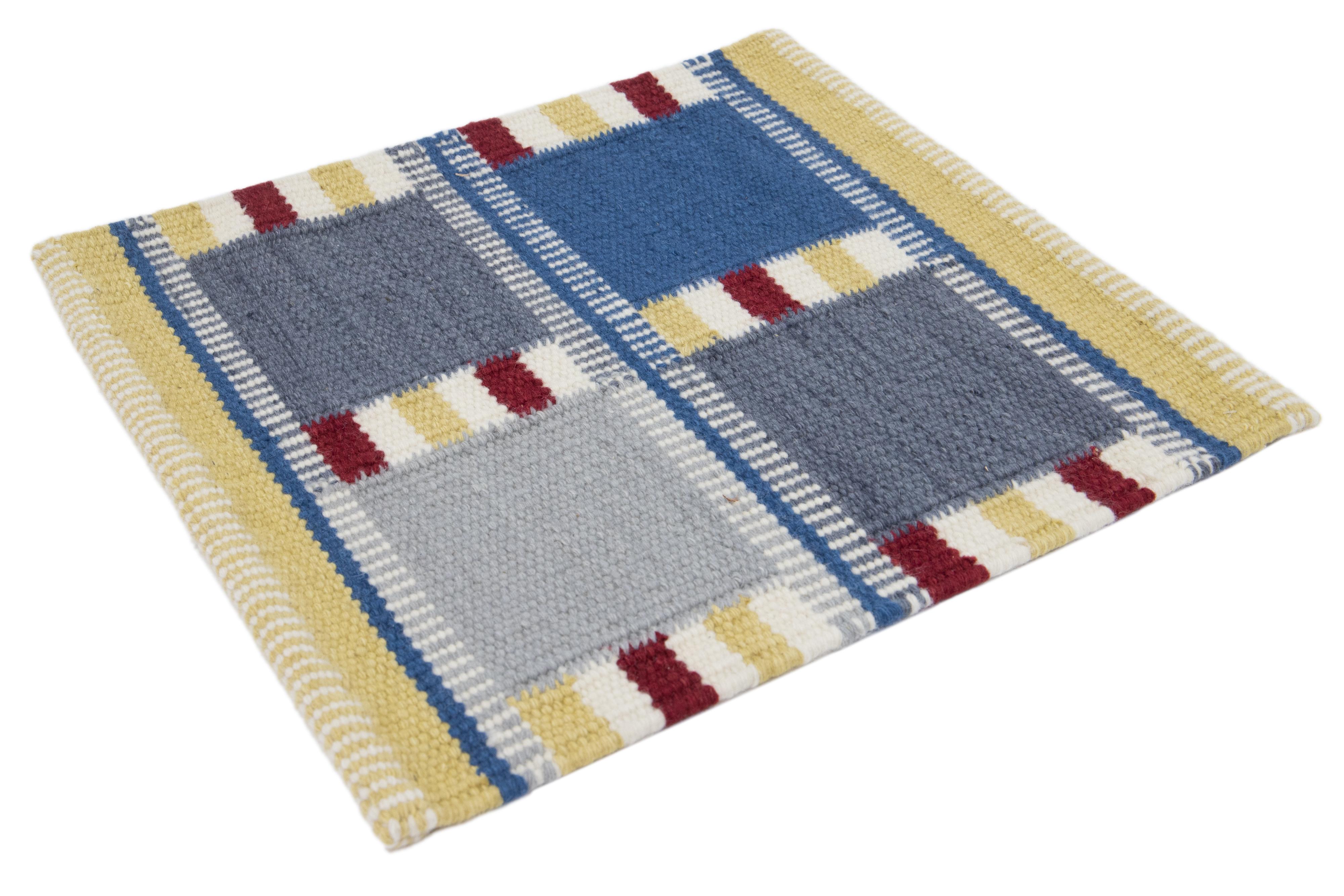 Indian Modern Swedish Style Handwoven Blue/Grey Custom Wool Rug For Sale