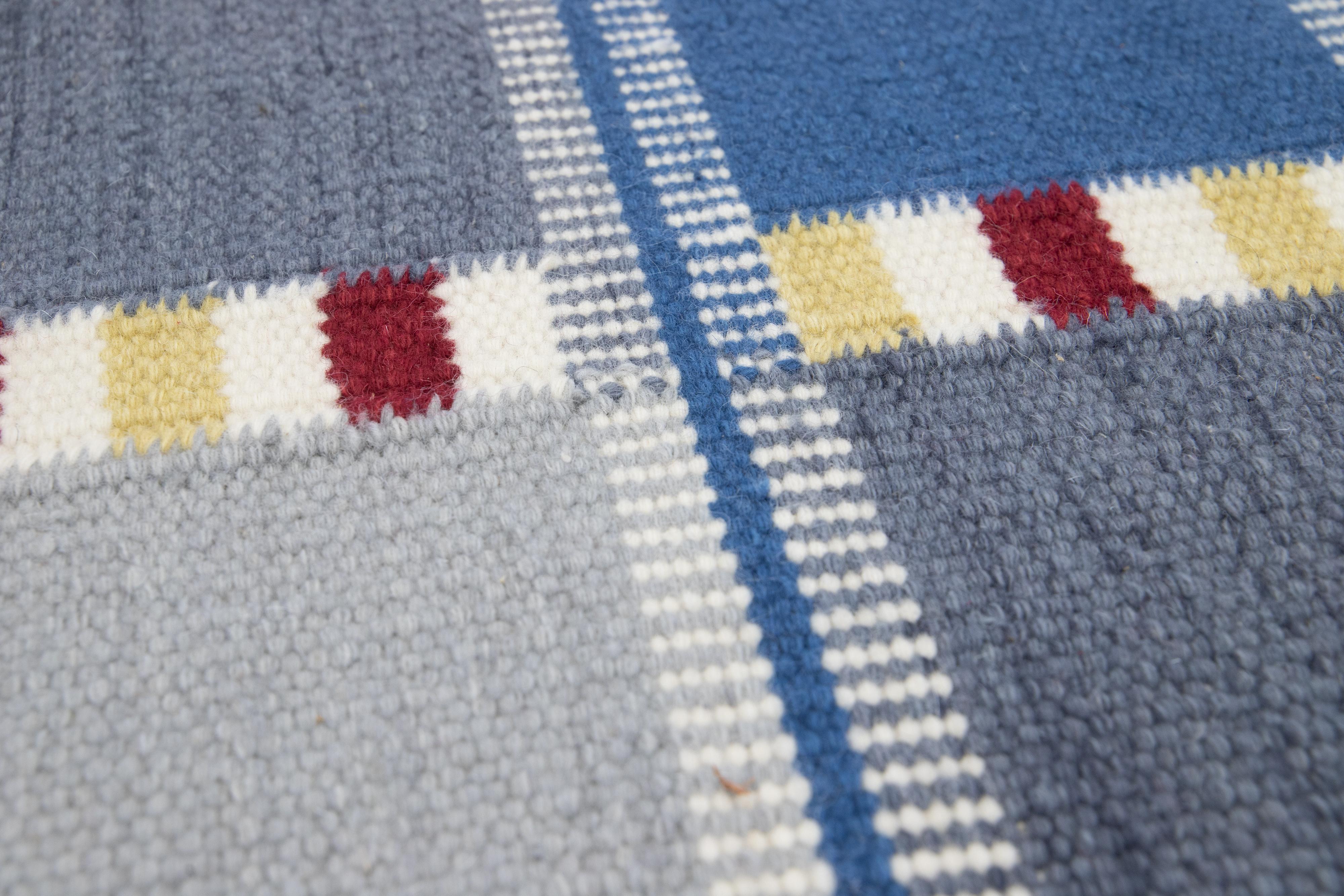 Hand-Woven Modern Swedish Style Handwoven Blue/Grey Custom Wool Rug For Sale