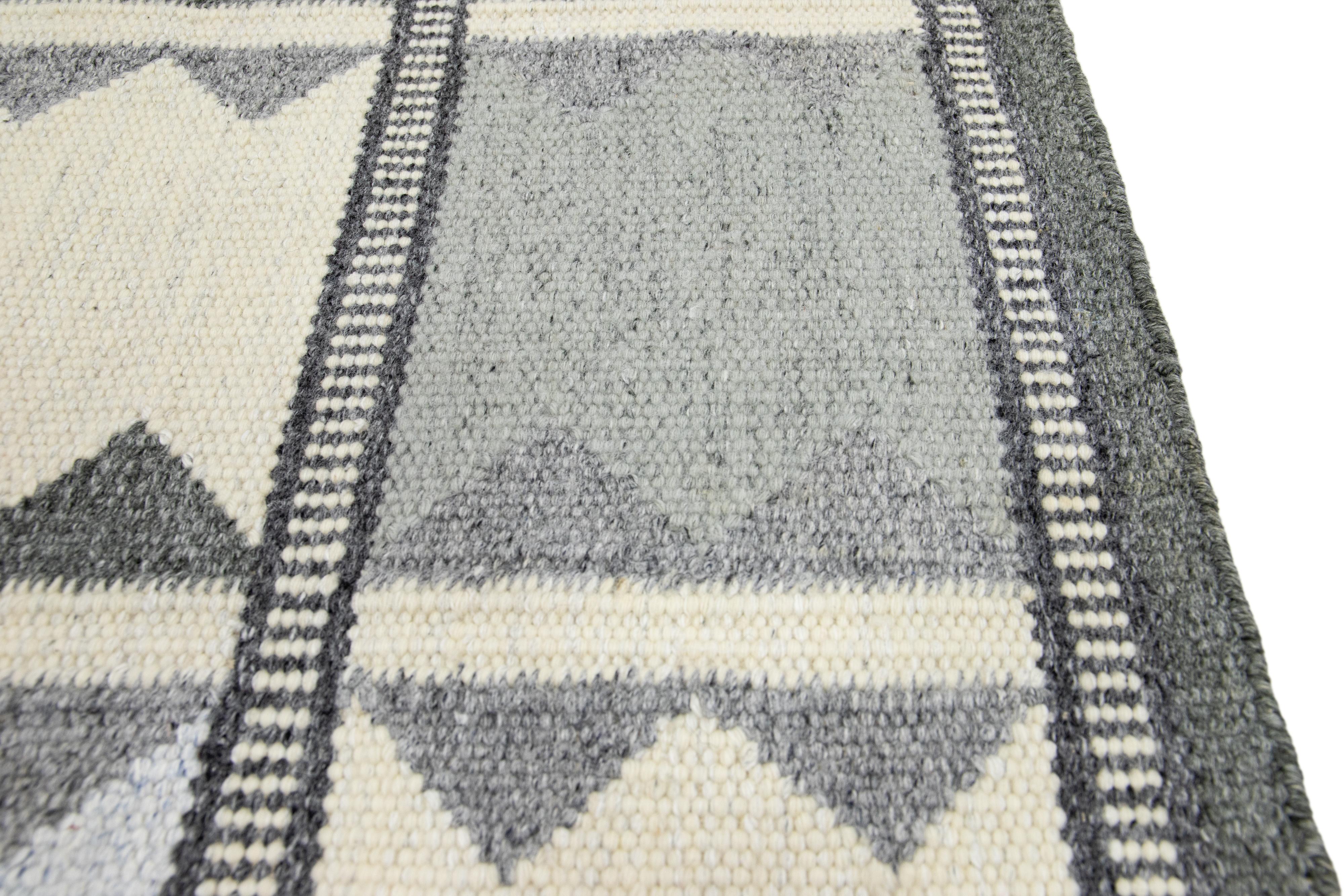 Organic Modern Modern Swedish Style Handwoven Geometric Gray Custom Wool Rug For Sale