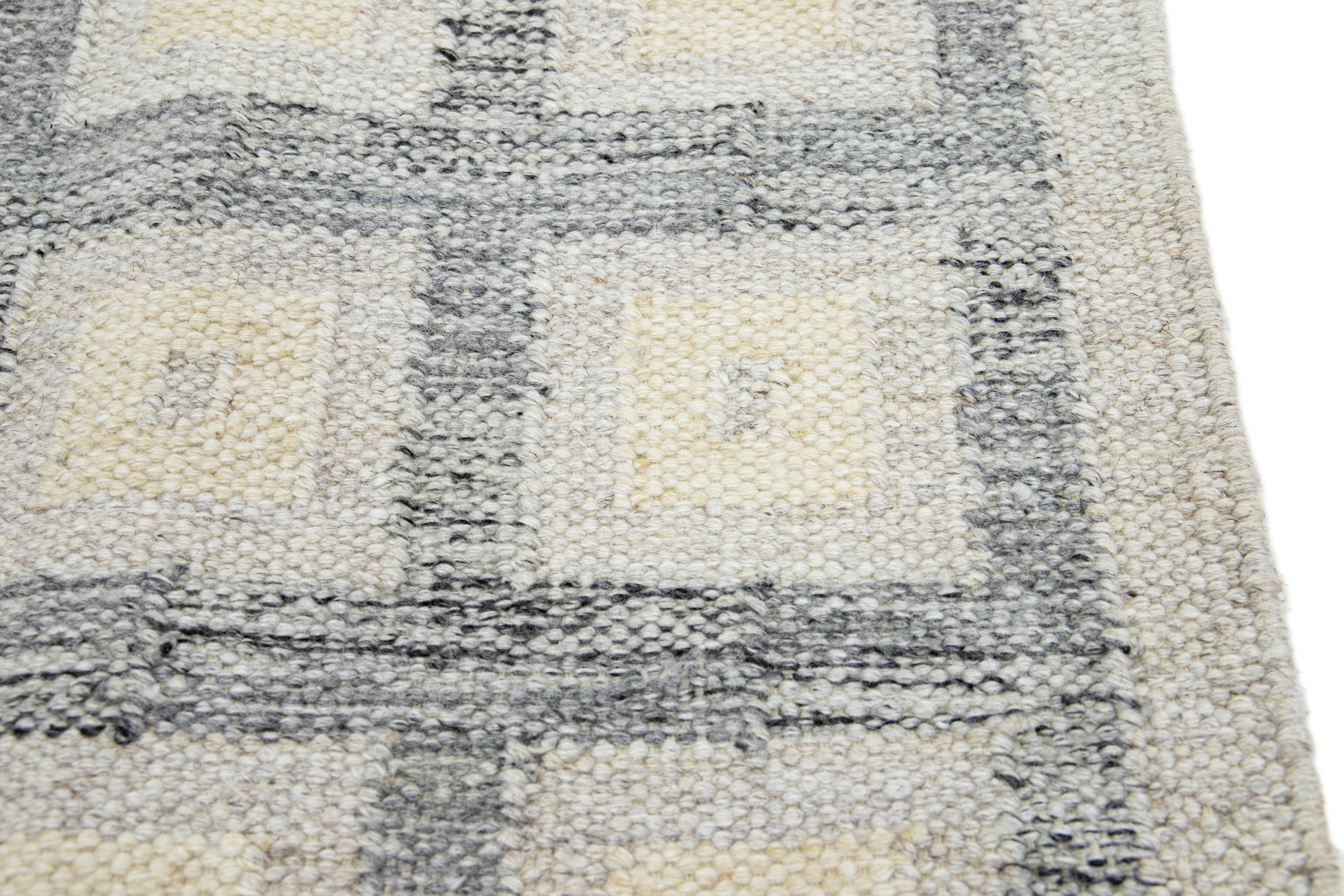 Organic Modern Modern Swedish Style Handwoven Grey Geometric Custom Wool Rug For Sale