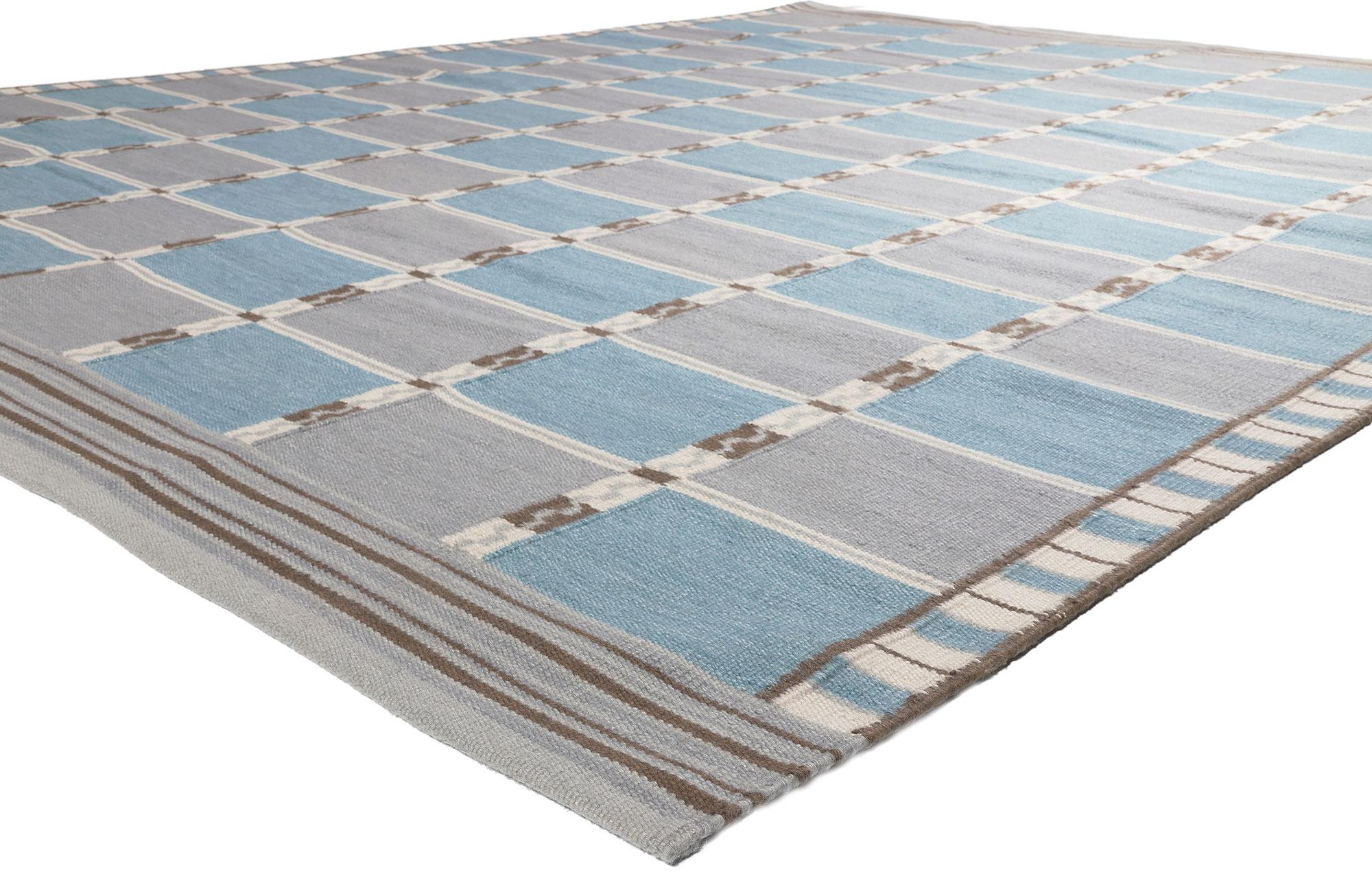 30937 New Swedish Inspired Kilim Rug, 10'03 x 13'03.
Displaying simplicity with incredible detail and texture, this handwoven wool Swedish inspired Kilim rug provides a feeling of cozy contentment without the clutter. The eye-catching checked design