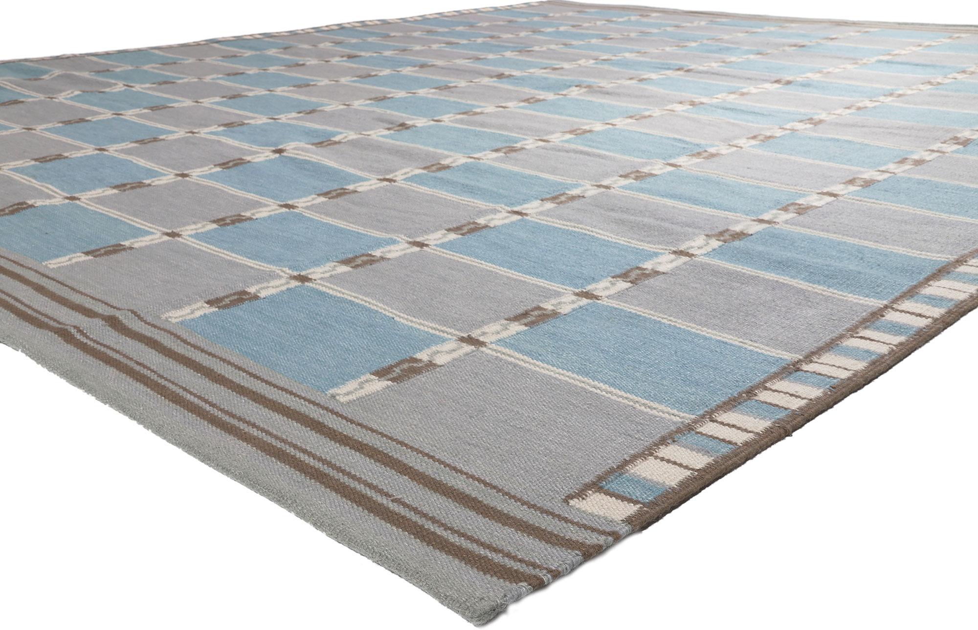 30938 New Swedish Inspired Kilim Rug, 12'04 x 14'10.
Displaying simplicity with incredible detail and texture, this handwoven wool Swedish inspired Kilim rug provides a feeling of cozy contentment without the clutter. The eye-catching checked design