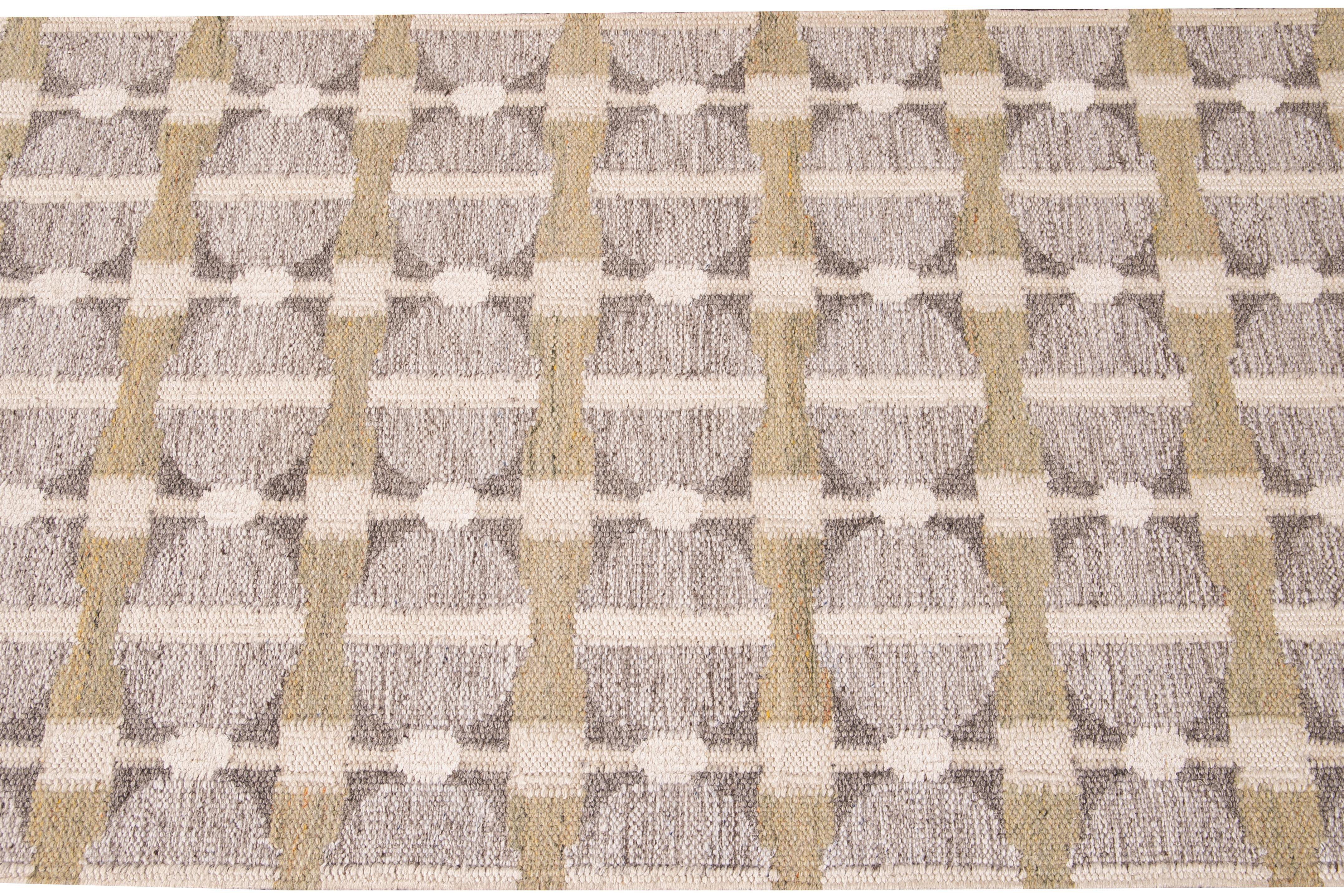 Modern Swedish Style Nude Handmade Geometric Long Wool Runner In New Condition For Sale In Norwalk, CT
