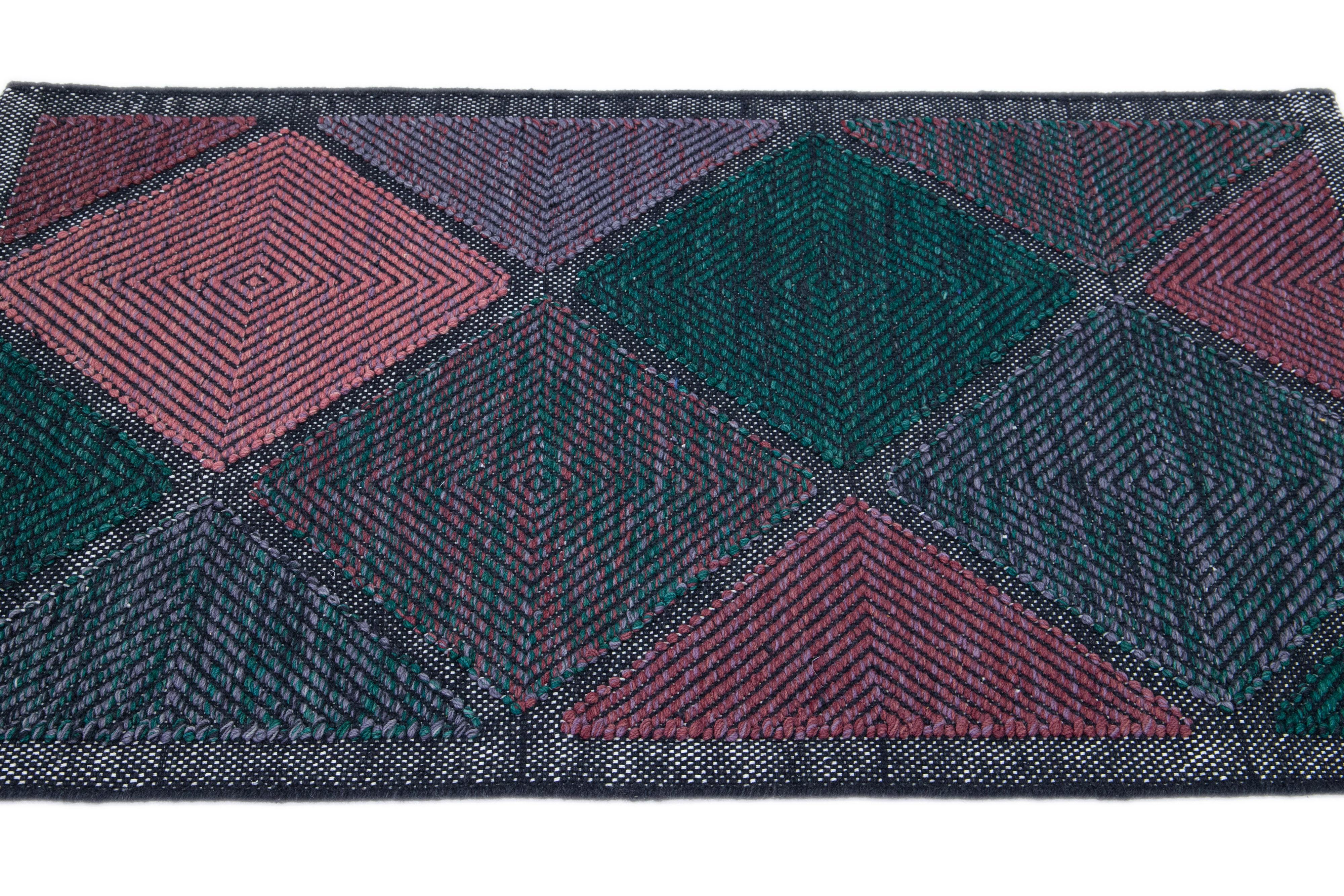Scandinavian Modern Modern Swedish Style Scatter Wool Rug Green and Pink Geometric Pattern  For Sale