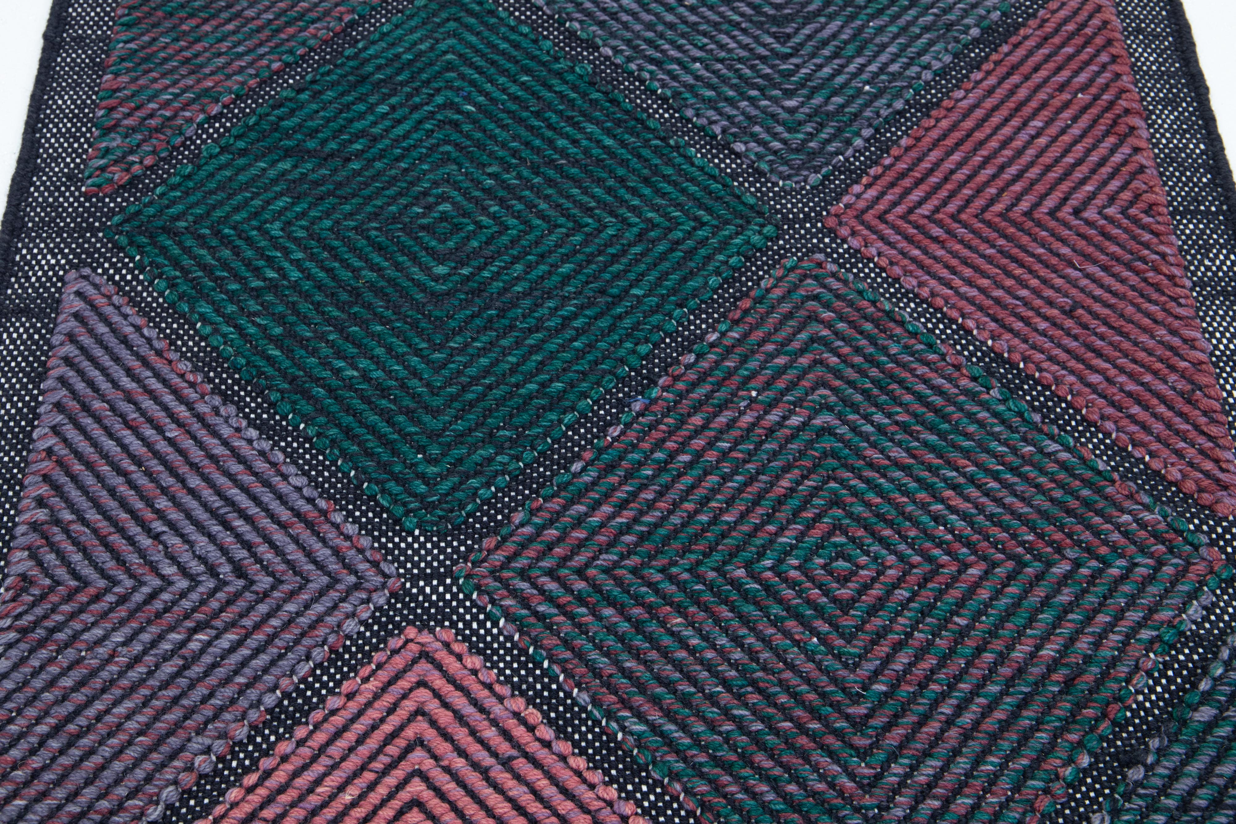 Hand-Knotted Modern Swedish Style Scatter Wool Rug Green and Pink Geometric Pattern  For Sale