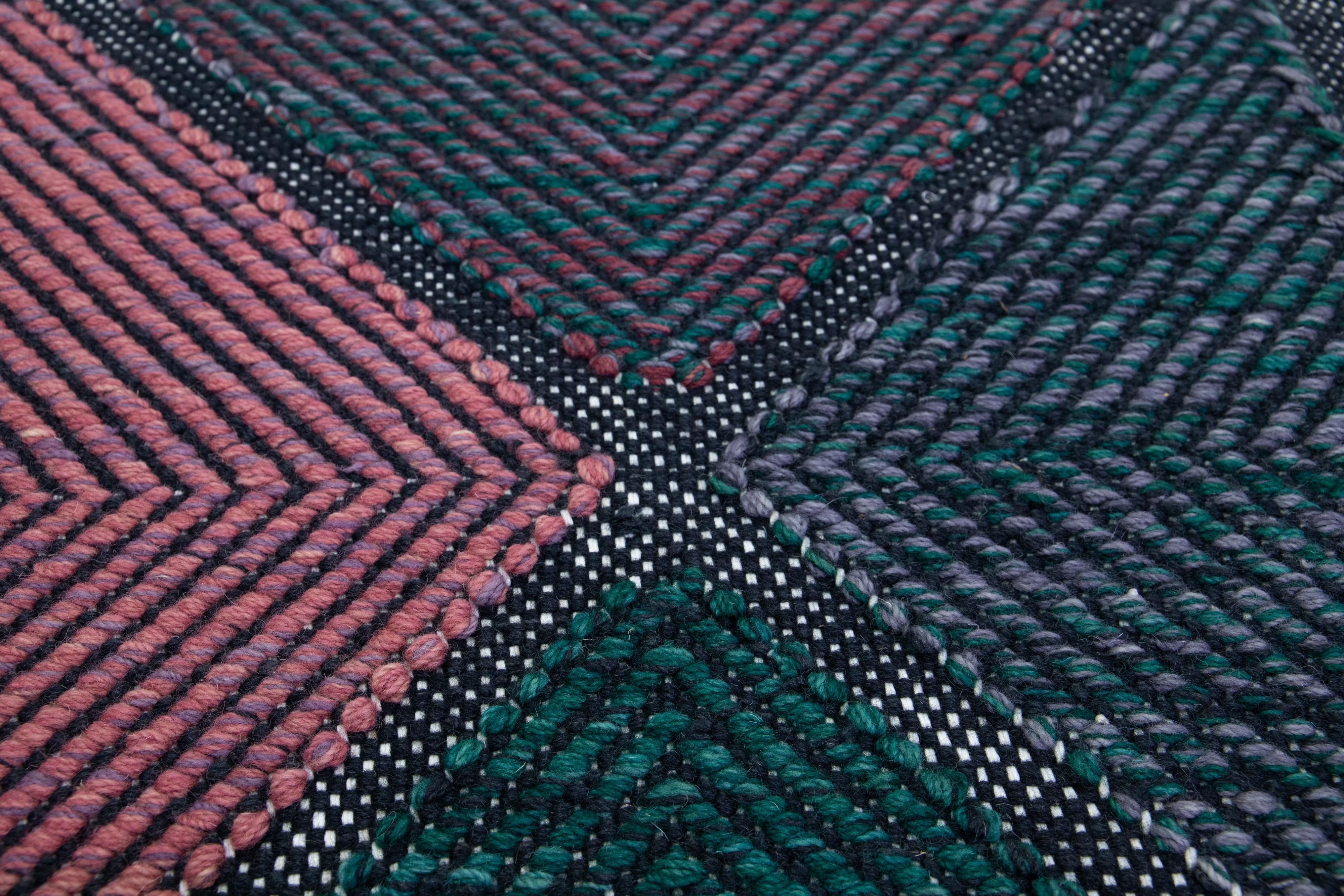 Modern Swedish Style Scatter Wool Rug Green and Pink Geometric Pattern  In New Condition For Sale In Norwalk, CT