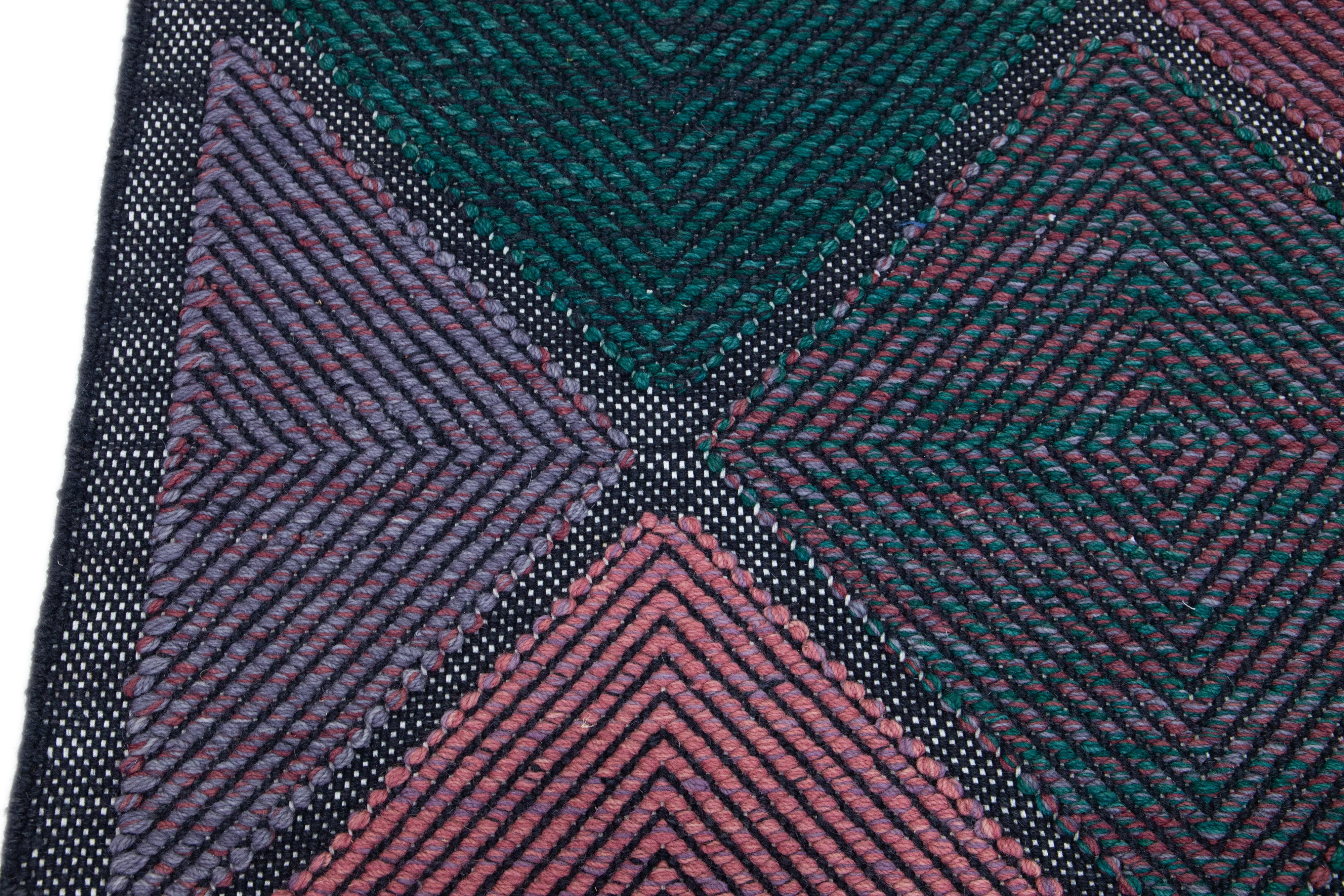 Contemporary Modern Swedish Style Scatter Wool Rug Green and Pink Geometric Pattern  For Sale
