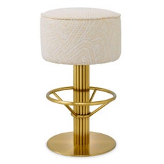 Modern Swivel Bar Stool in Cream Jacquard Fabric and Brushed Brass