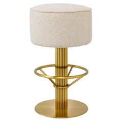 Modern Swivel Bar Stool in Cream Jacquard Fabric and Brushed Brass