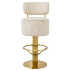 Modern Swivel Bar Stool with Back in Cream Jacquard Fabric and Brushed Brass