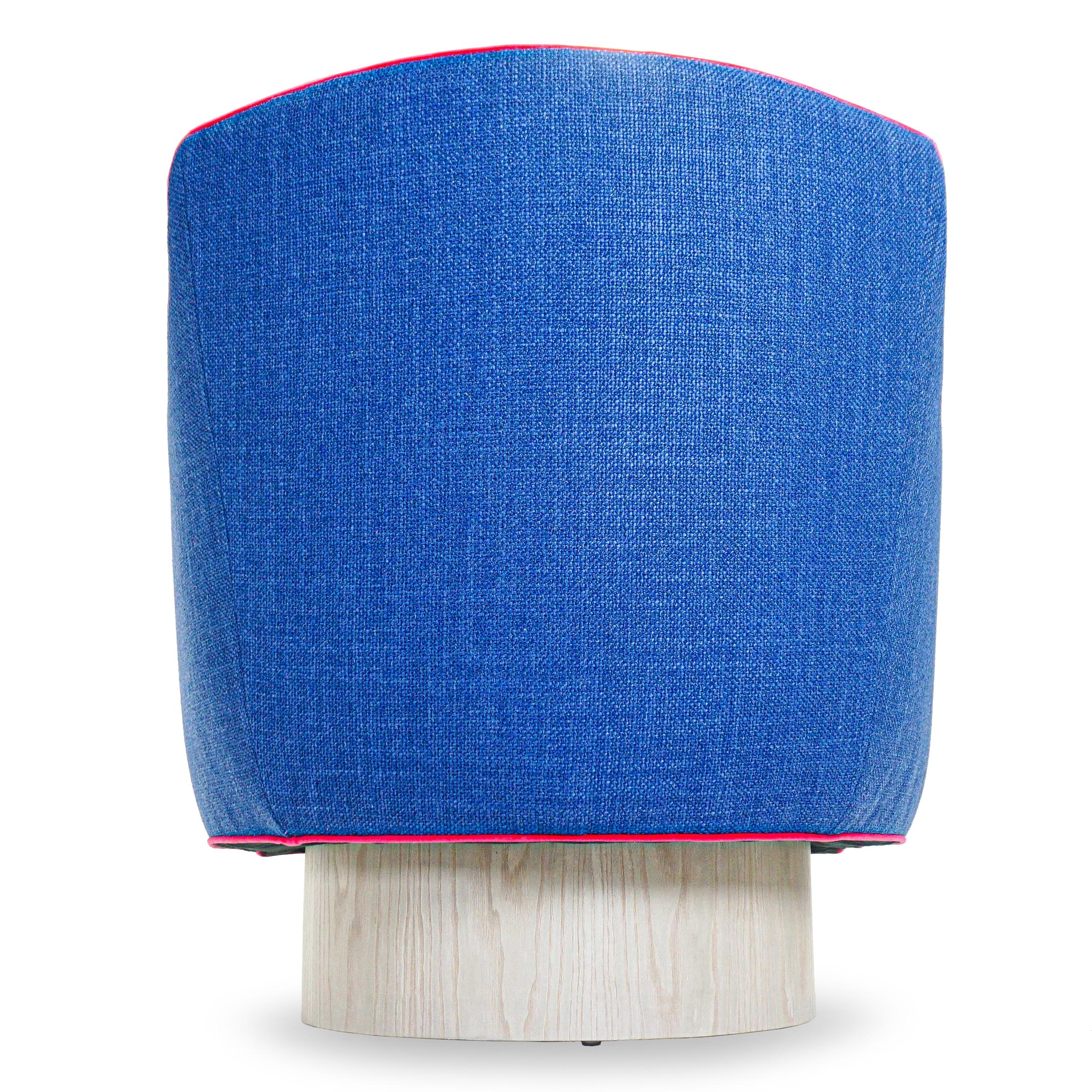 Modern Swivel Chair in Blue Woven and Fuchsia Velvet Accent Welting For Sale 1