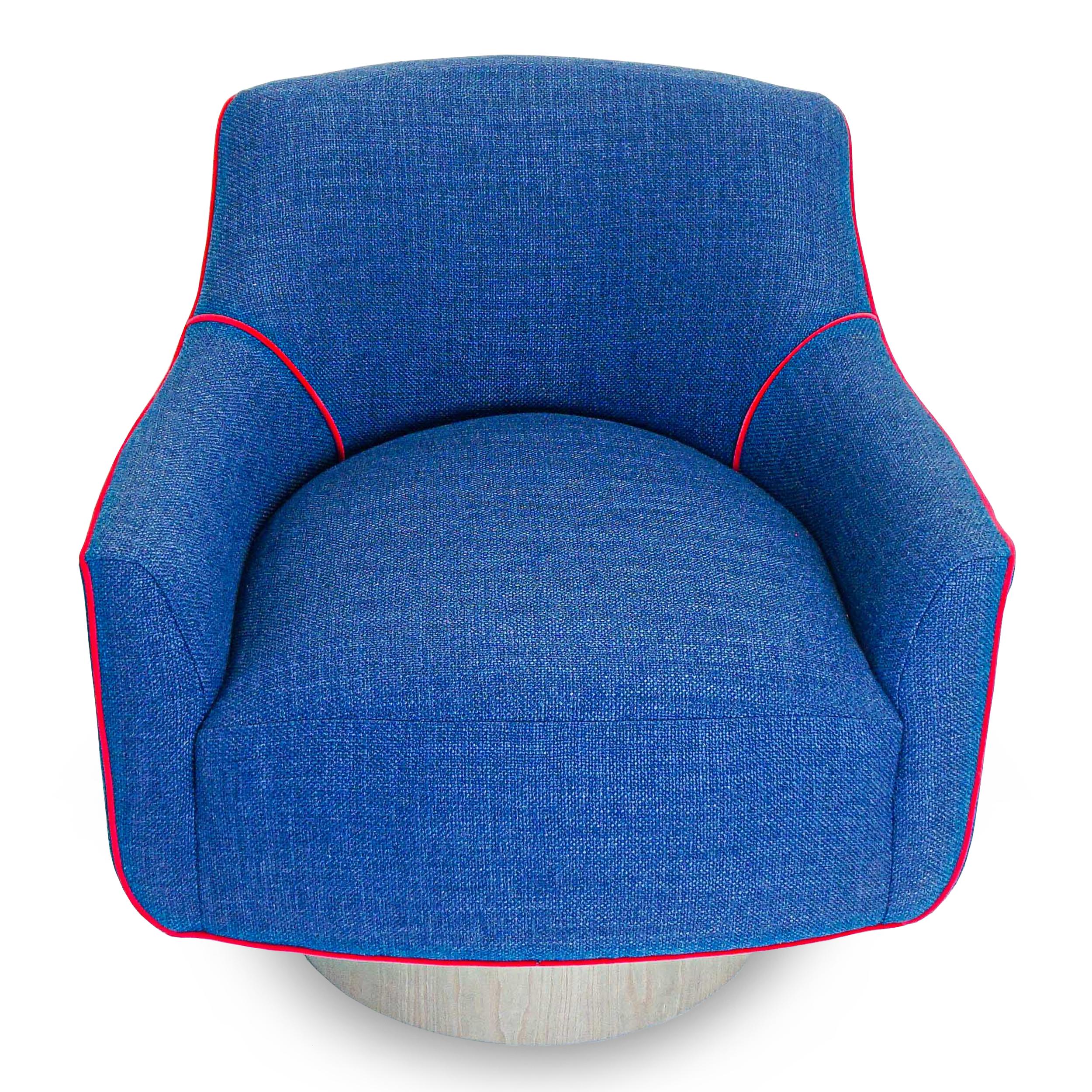 American Modern Swivel Chair in Blue Woven and Fuchsia Velvet Accent Welting For Sale