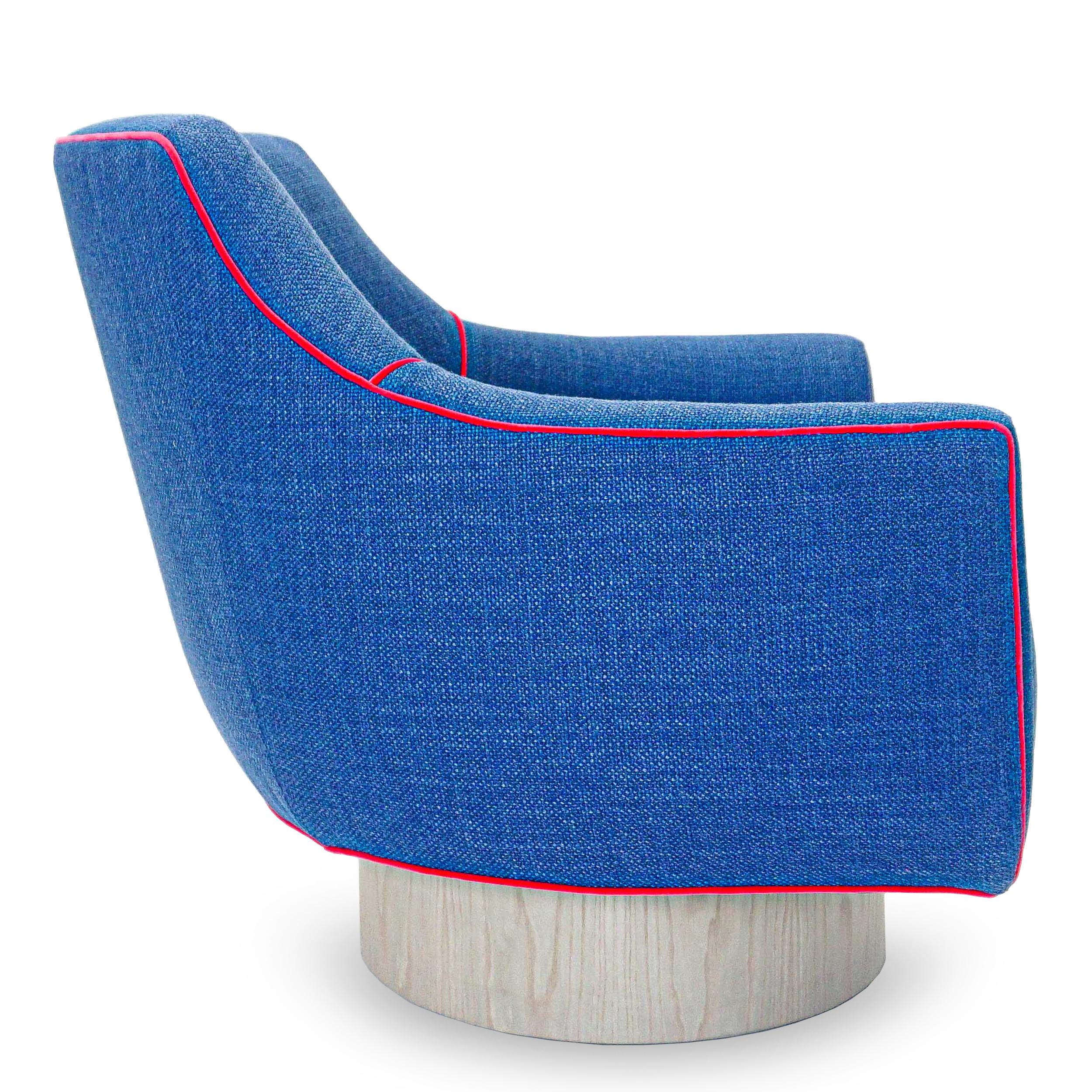 Contemporary Modern Swivel Chair in Blue Woven and Fuchsia Velvet Accent Welting For Sale