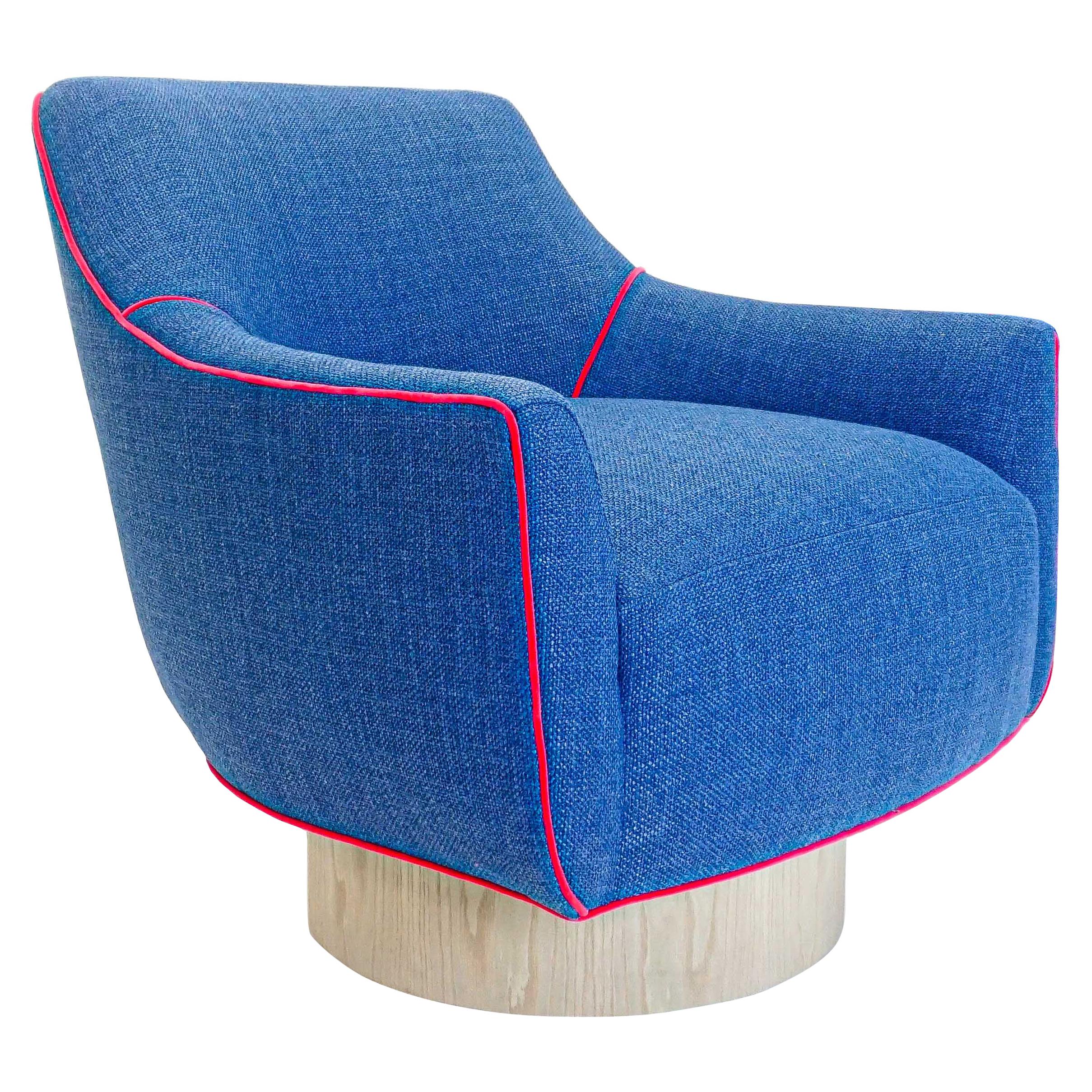 Modern Swivel Chair in Blue Woven and Fuchsia Velvet Accent Welting For Sale