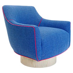 Modern Swivel Chair in Blue Woven and Fuchsia Velvet Accent Welting