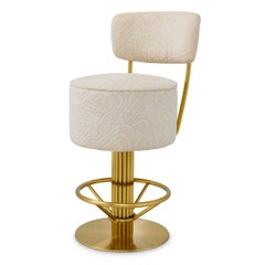 Modern Swivel Counter Stool with Back in Cream Jacquard Fabric and Brushed Brass