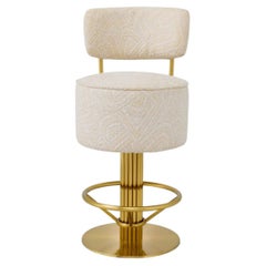 Modern Swivel Counter Stool with Back in Cream Jacquard Fabric and Brushed Brass