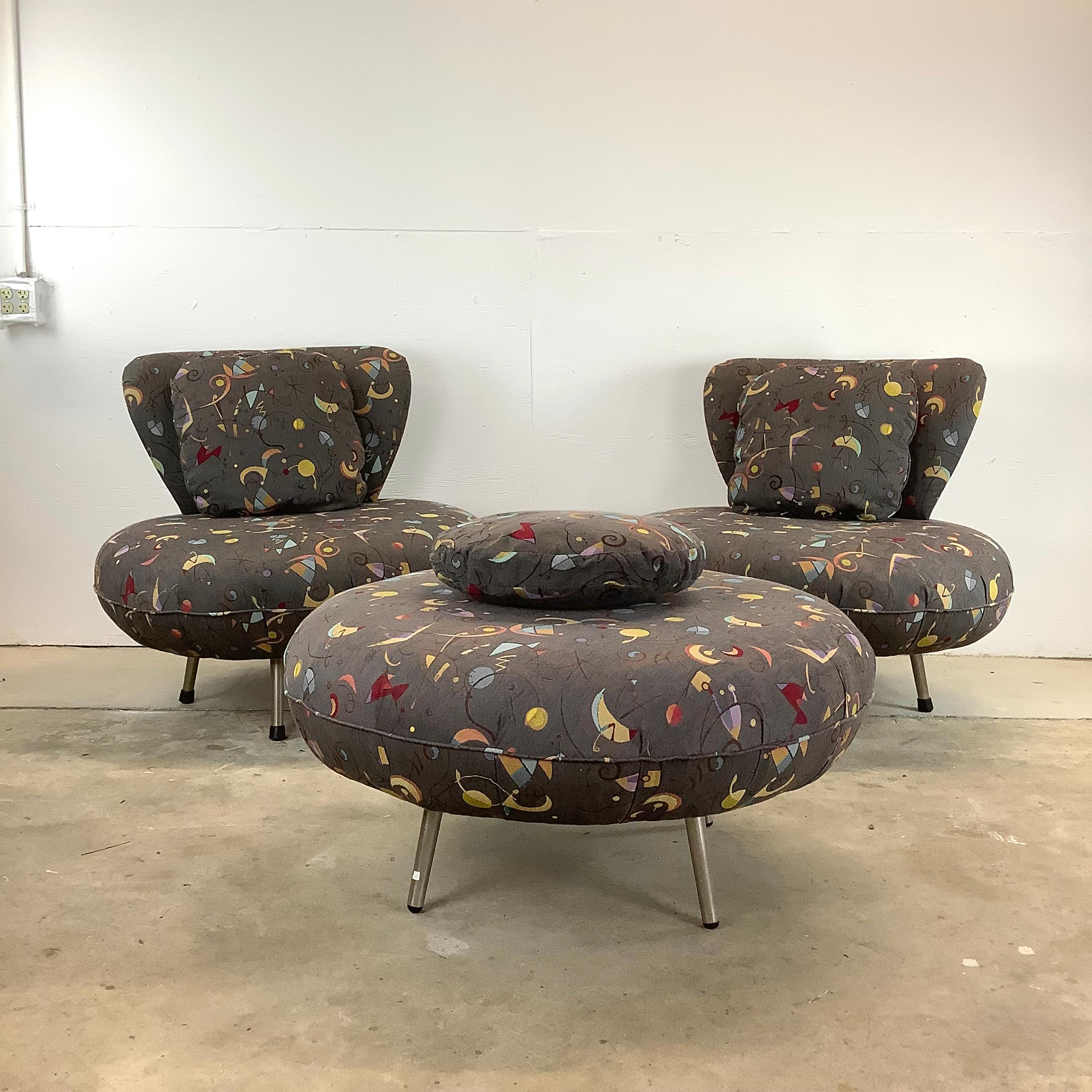 Experience ultimate comfort and style with these Modern Swivel Disc Lounge Chairs and matching ottoman, crafted by the renowned Carson's Inc of High Point, North Carolina. These vibrant 80s style fabric chairs and ottoman set blend retro charm with