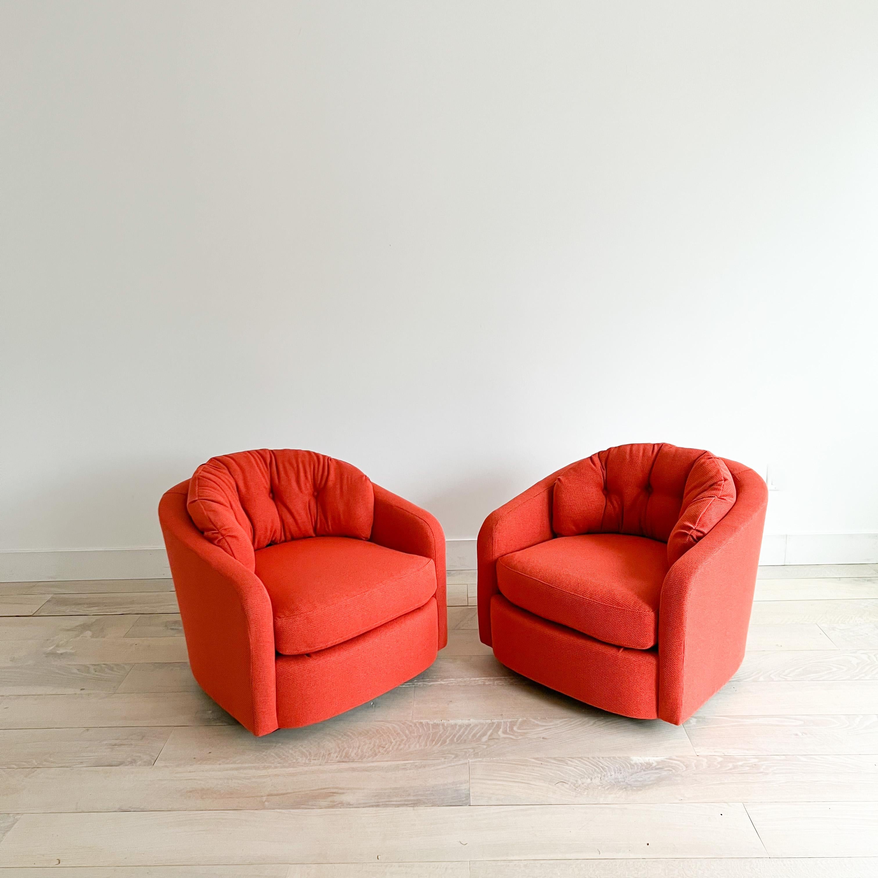 Modern Swivel Lounge Chairs with New Orange/Red Upholstery at 1stDibs
