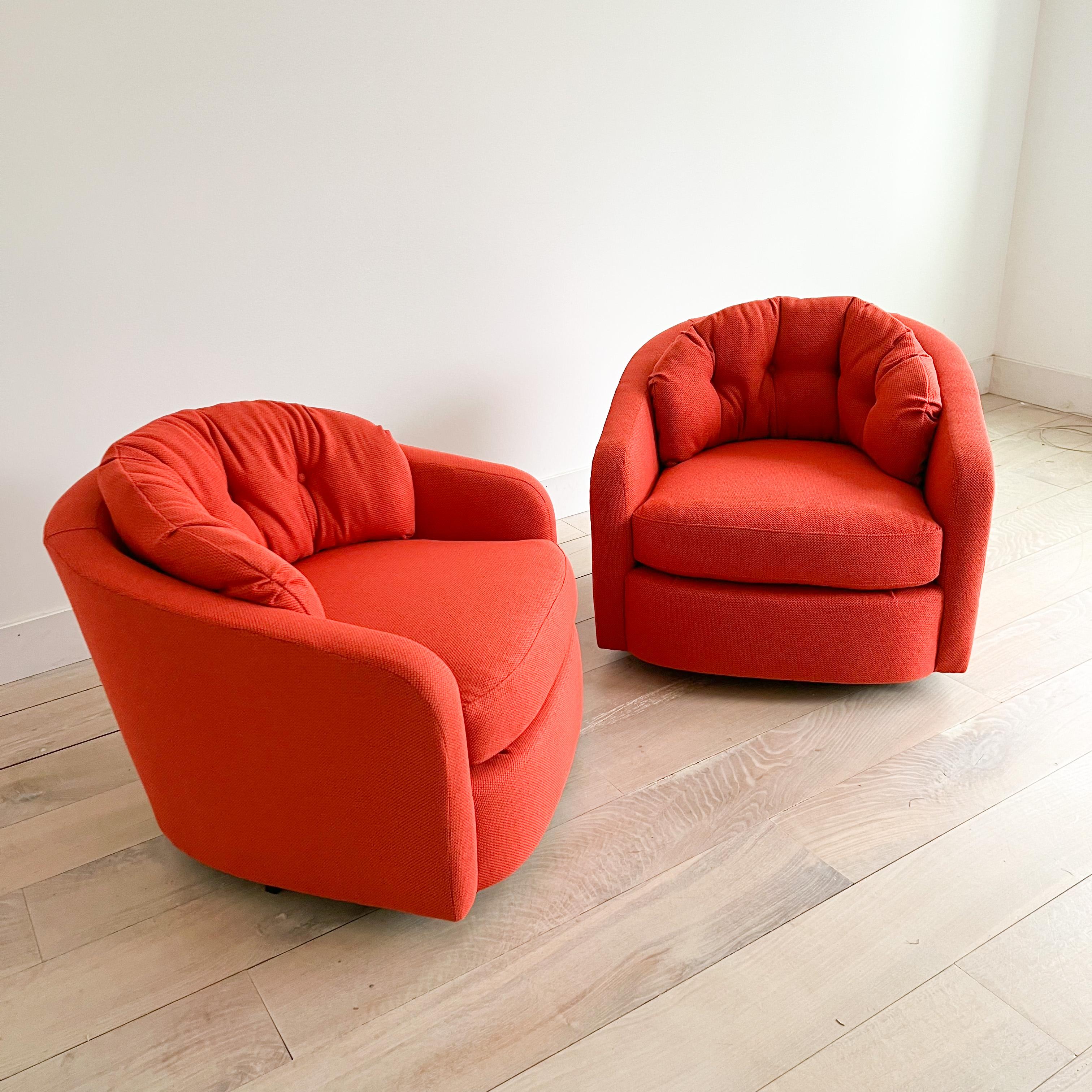 Modern Swivel Lounge Chairs with New Orange/Red Upholstery at 1stDibs