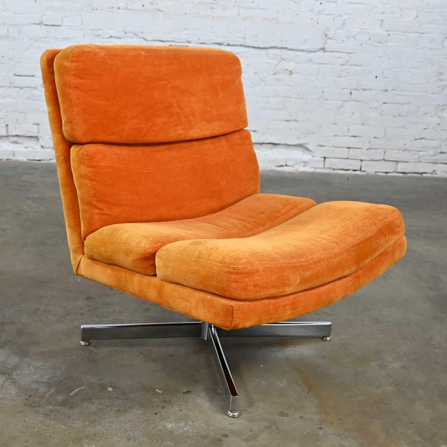 Modern Swivel Slipper Chair Orange Brushed Chenille & 4 Prong Chrome Base For Sale 6